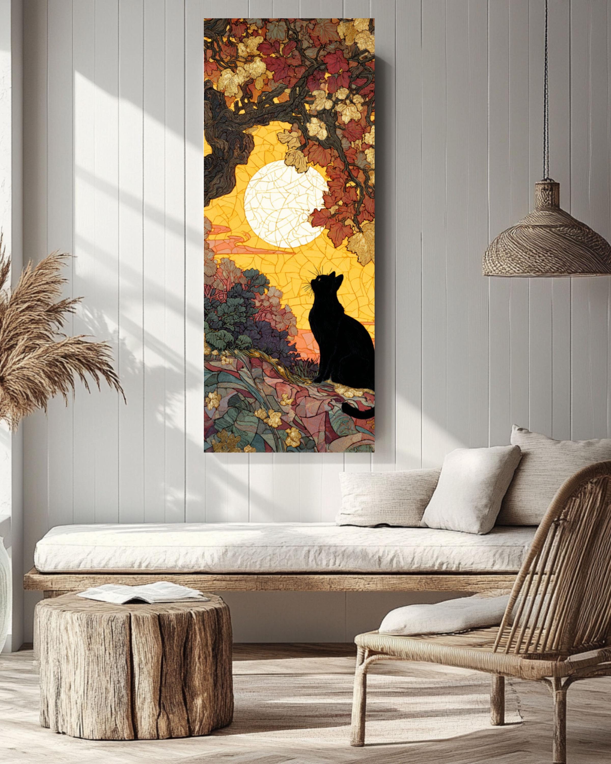 Black Cat Under Oak Tree Art Print: Mosaic Sunset, Gold Leaf Accents Canvas Wall Art – Modern Decor Print
