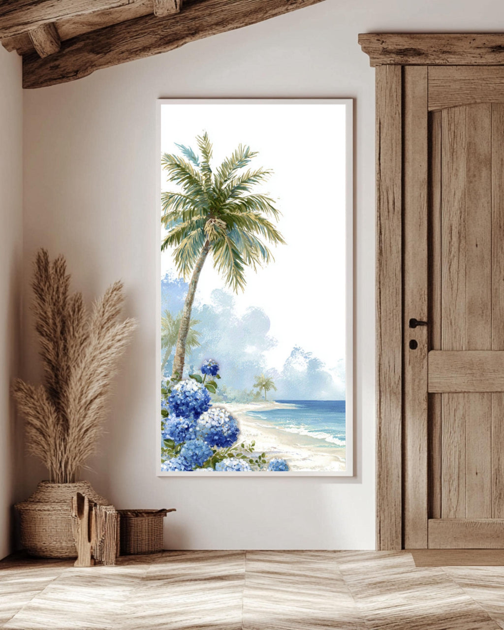 Tropical Beach Print: Palm Tree & Hydrangeas - Coastal Wall Art Canvas Wall Art – Modern Decor Print