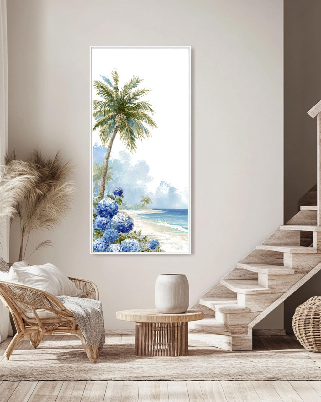 Tropical Beach Print: Palm Tree & Hydrangeas - Coastal Wall Art Canvas Wall Art – Modern Decor Print
