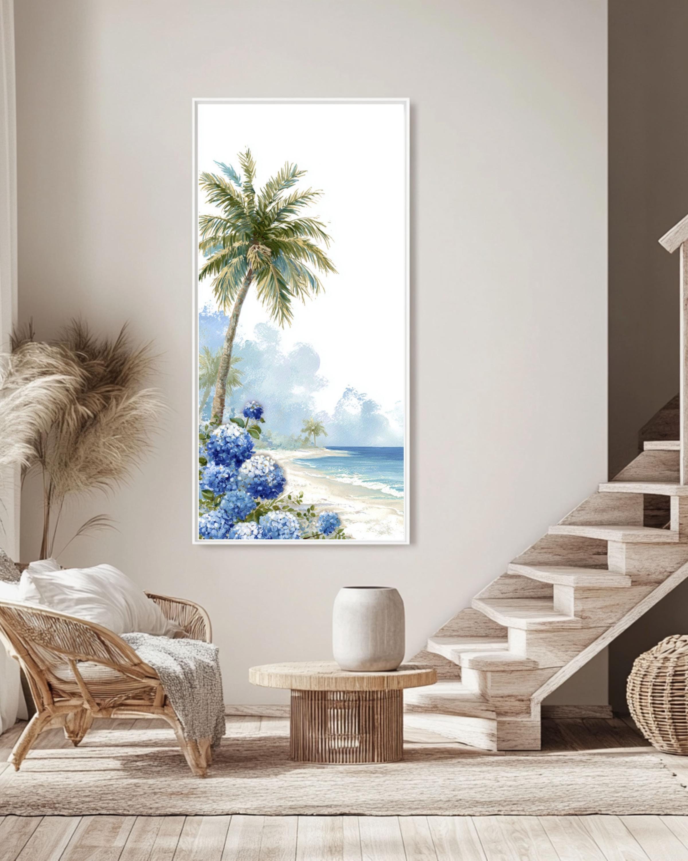 Tropical Beach Print: Palm Tree & Hydrangeas - Coastal Wall Art Canvas Wall Art – Modern Decor Print