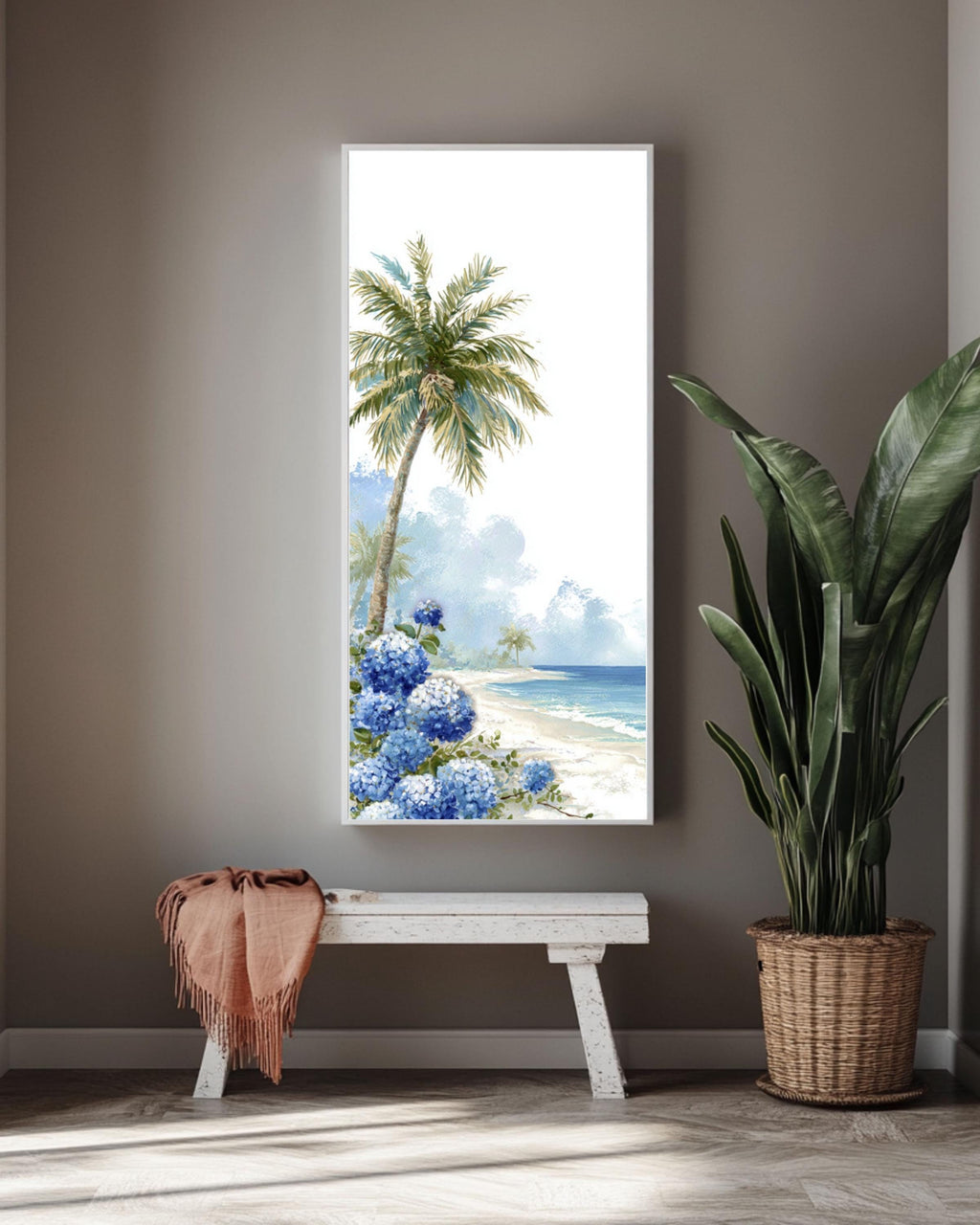 Tropical Beach Print: Palm Tree & Hydrangeas - Coastal Wall Art Canvas Wall Art – Modern Decor Print