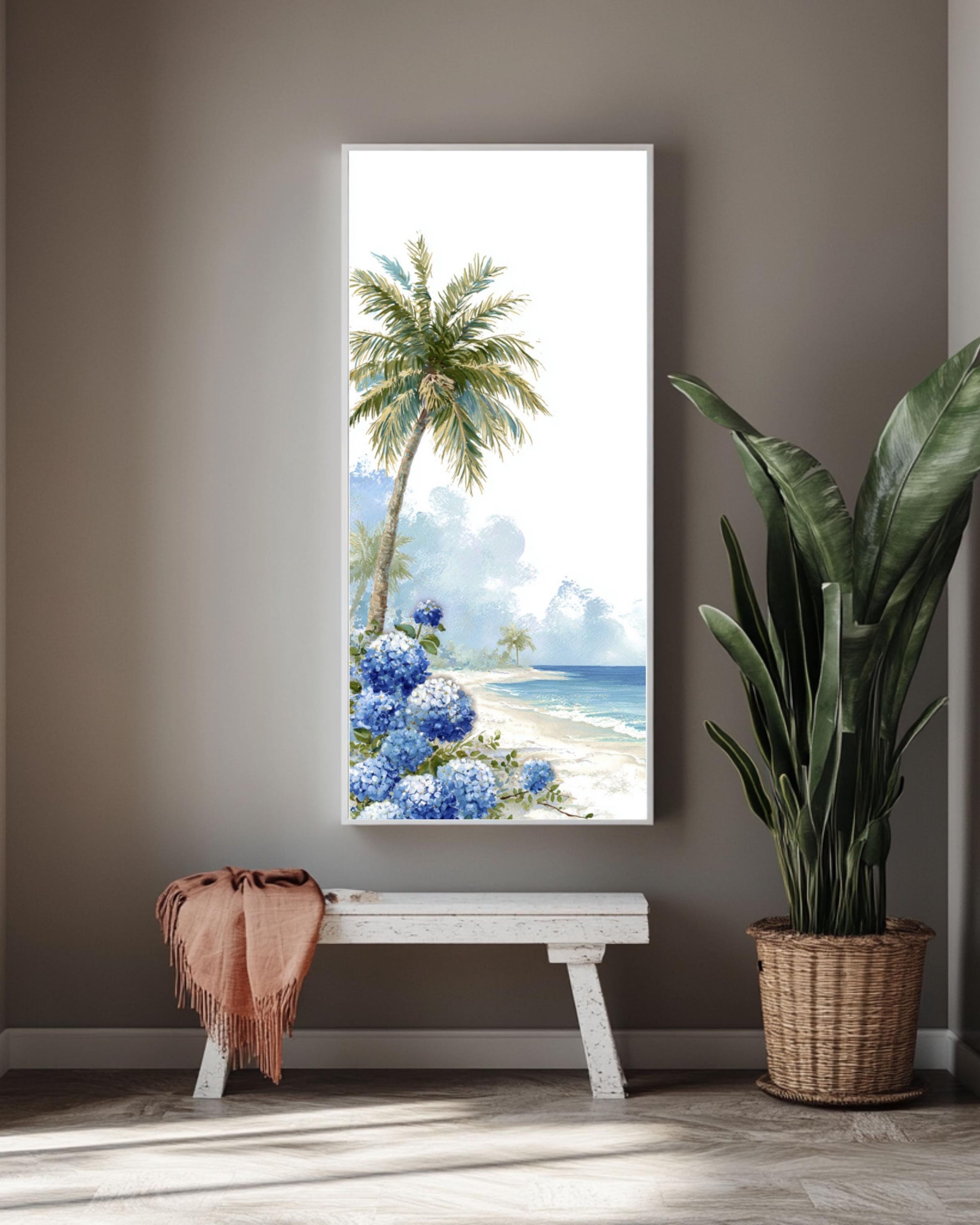 Tropical Beach Print: Palm Tree & Hydrangeas - Coastal Wall Art Canvas Wall Art – Modern Decor Print