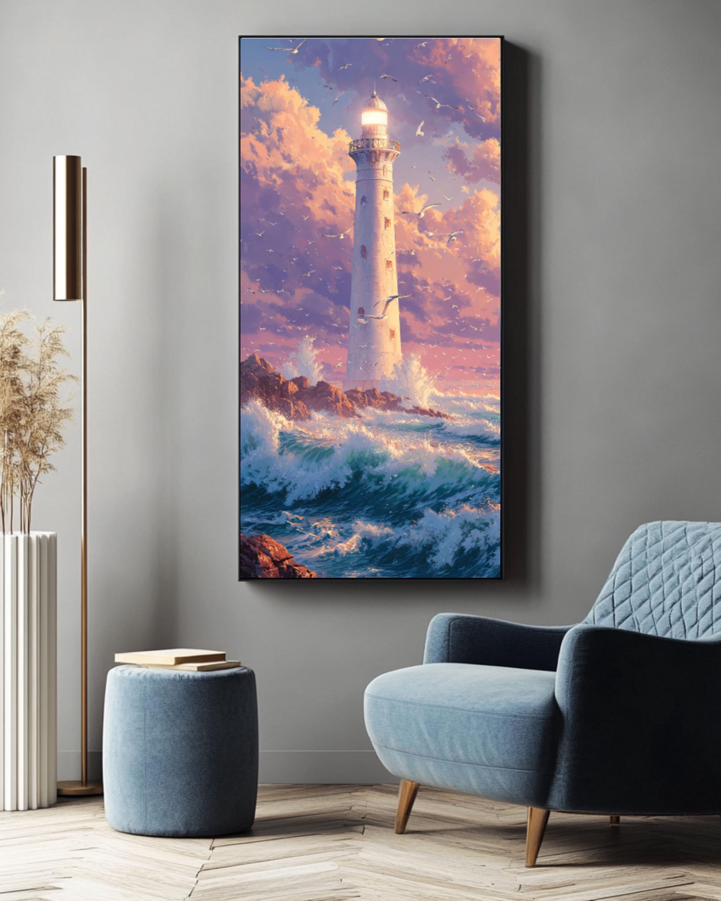 Bright Lighthouse Art: Coastal Anime Print - Waves & Seagulls Canvas Wall Art – Modern Decor Print