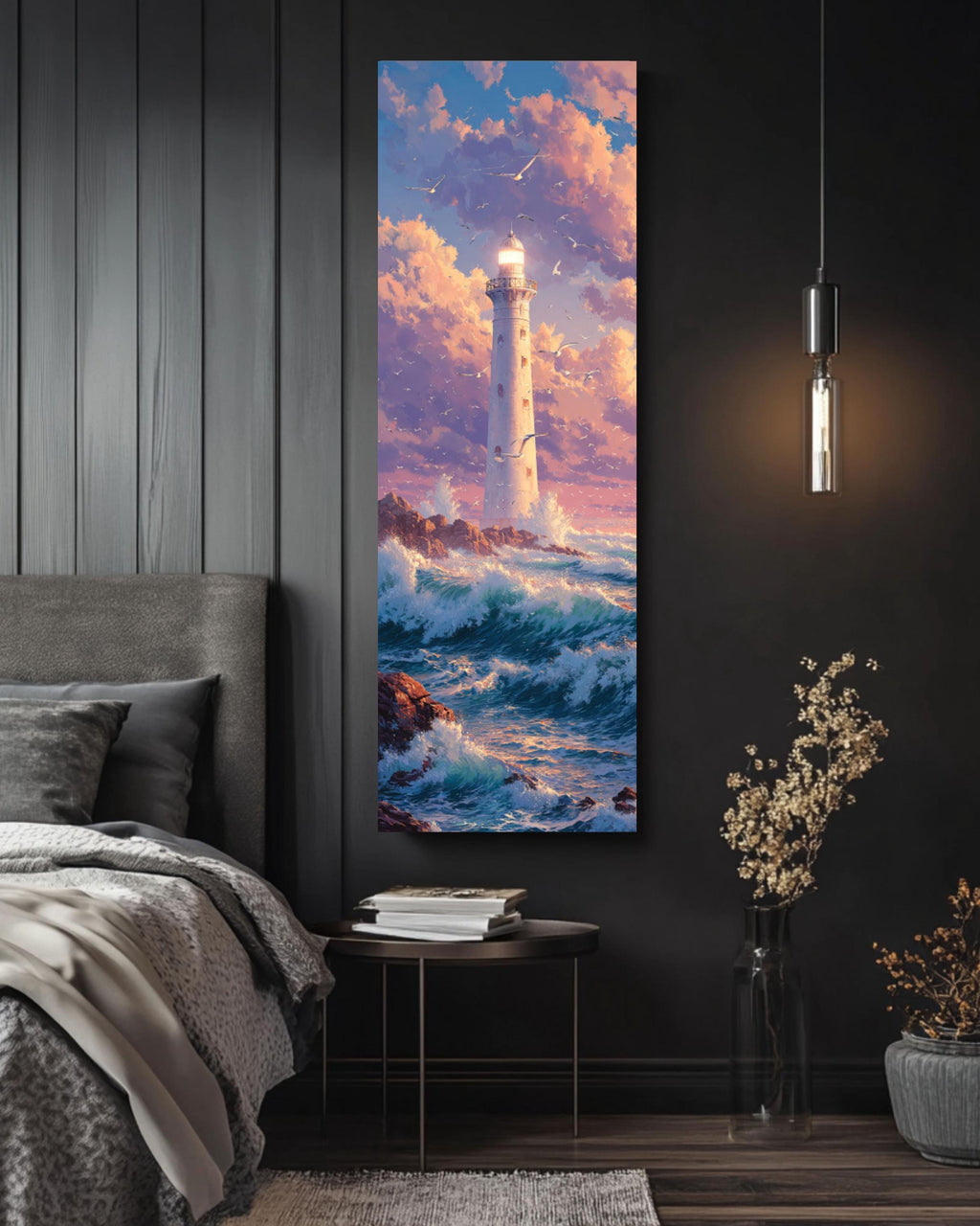 Bright Lighthouse Art: Coastal Anime Print - Waves & Seagulls Canvas Wall Art – Modern Decor Print