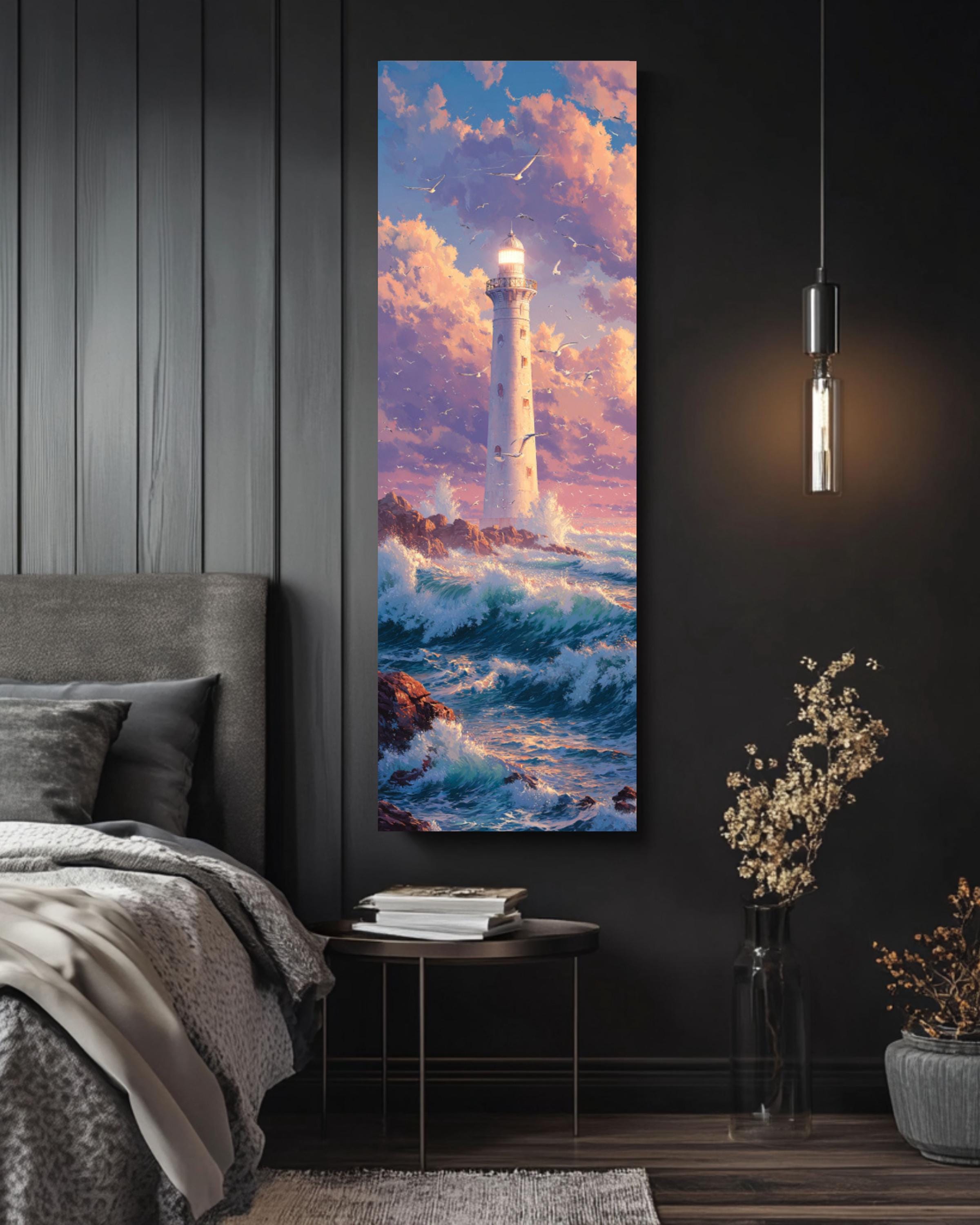 Bright Lighthouse Art: Coastal Anime Print - Waves & Seagulls Canvas Wall Art – Modern Decor Print