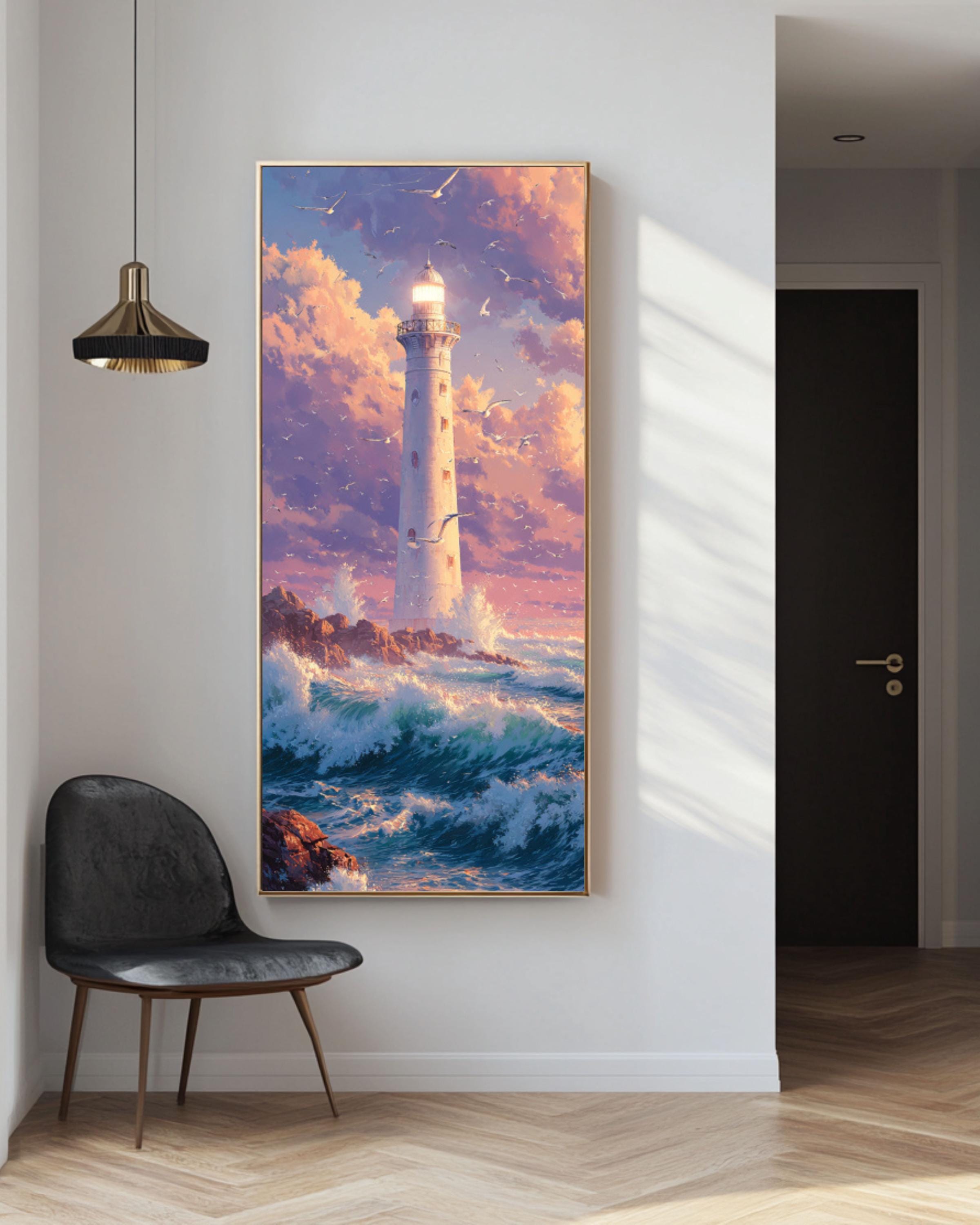 Bright Lighthouse Art: Coastal Anime Print - Waves & Seagulls Canvas Wall Art – Modern Decor Print