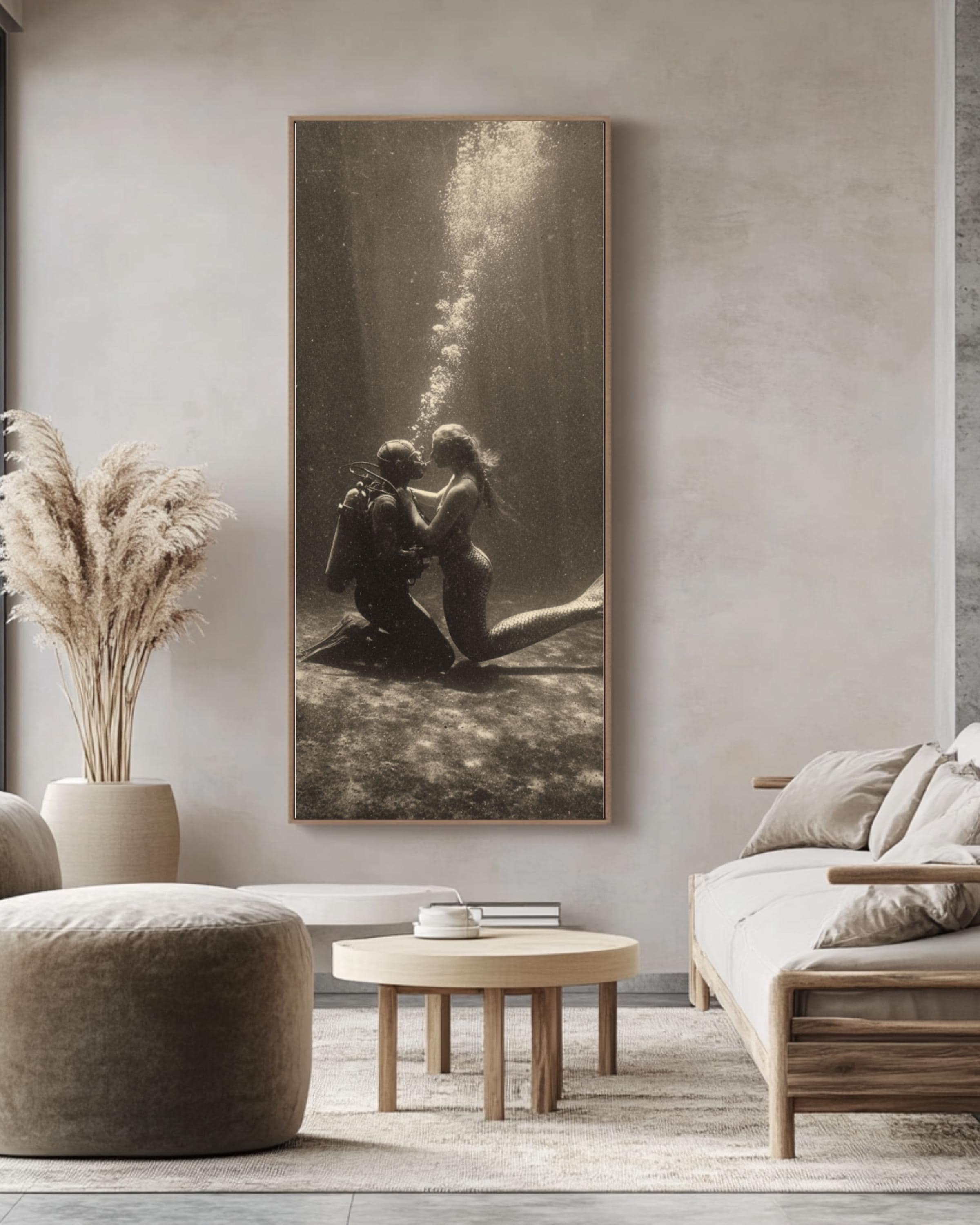 Vintage Mermaid and Diver Print - Sepia Underwater Love Scene Canvas Wall Art Print – Premium Home Decor