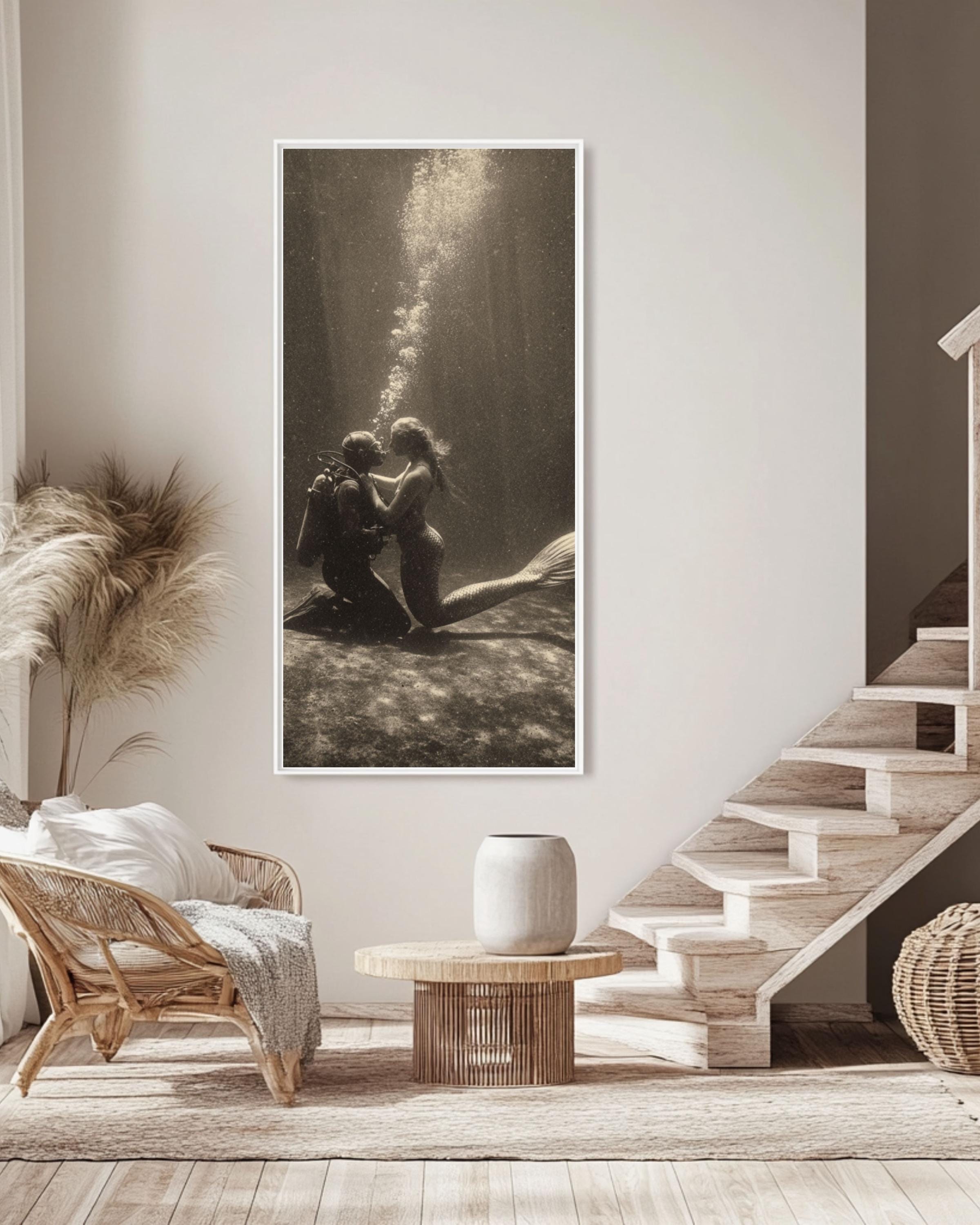 Vintage Mermaid and Diver Print - Sepia Underwater Love Scene Canvas Wall Art Print – Premium Home Decor