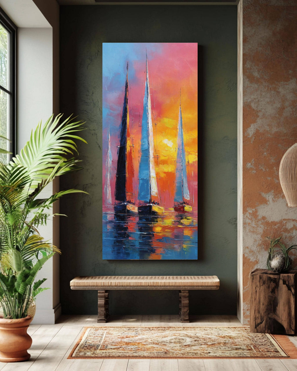 Abstract Sailboat Racing Art: Colorful Sea Reflections - Nautical Print Canvas Wall Art – Modern Decor Print