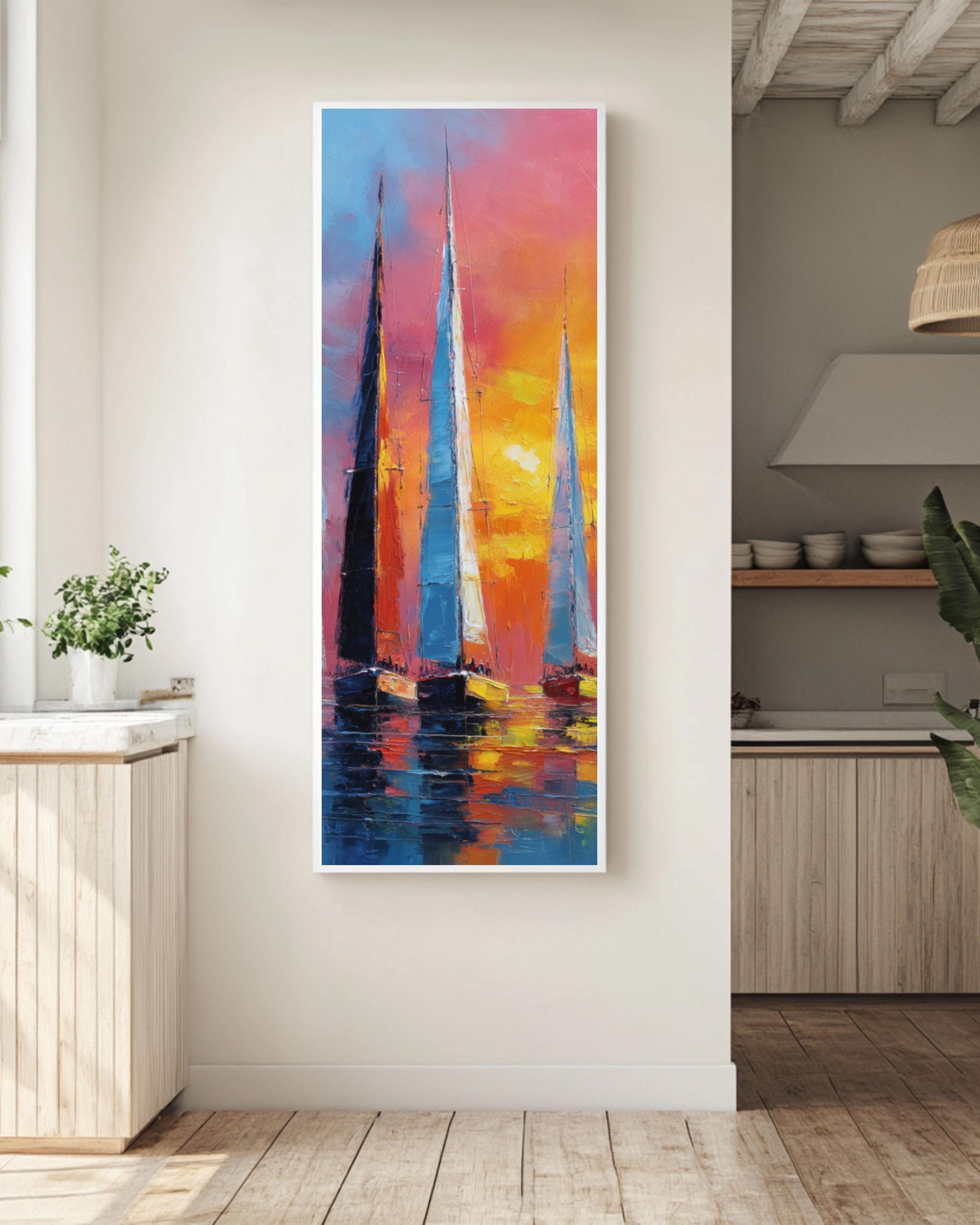 Abstract Sailboat Racing Art: Colorful Sea Reflections - Nautical Print Canvas Wall Art – Modern Decor Print