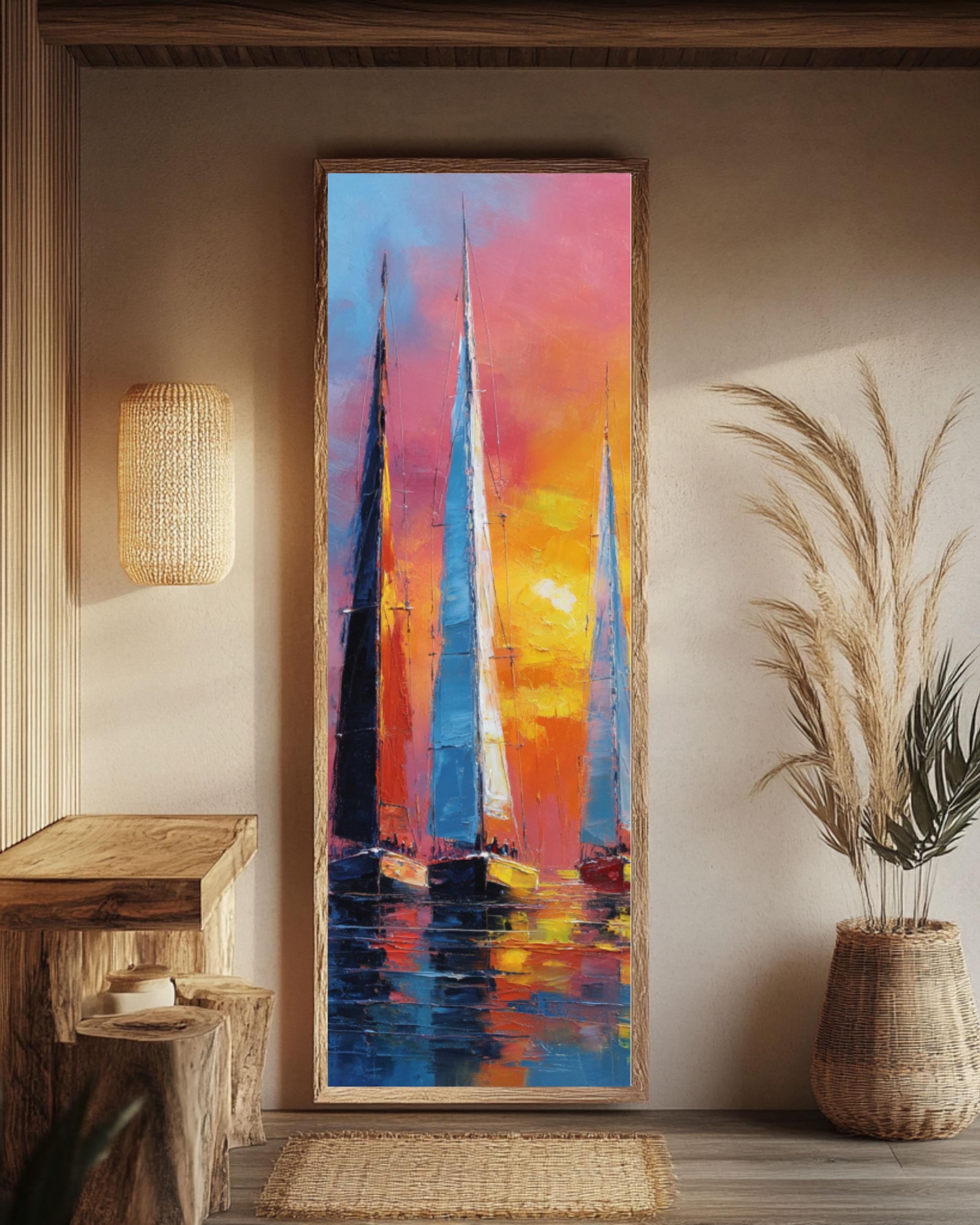 Abstract Sailboat Racing Art: Colorful Sea Reflections - Nautical Print Canvas Wall Art – Modern Decor Print