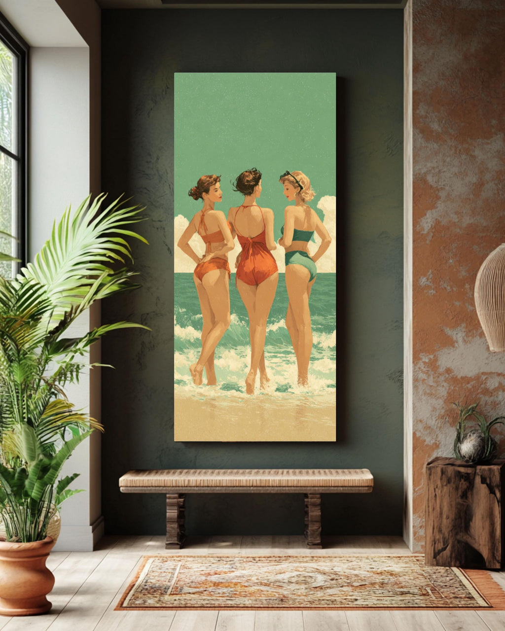 Retro Beach Print: Vintage Swimsuits, Green Sea Coastal Wall Art Canvas Wall Art – Modern Decor Print
