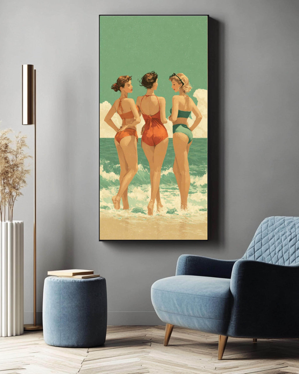Retro Beach Print: Vintage Swimsuits, Green Sea Coastal Wall Art Canvas Wall Art – Modern Decor Print
