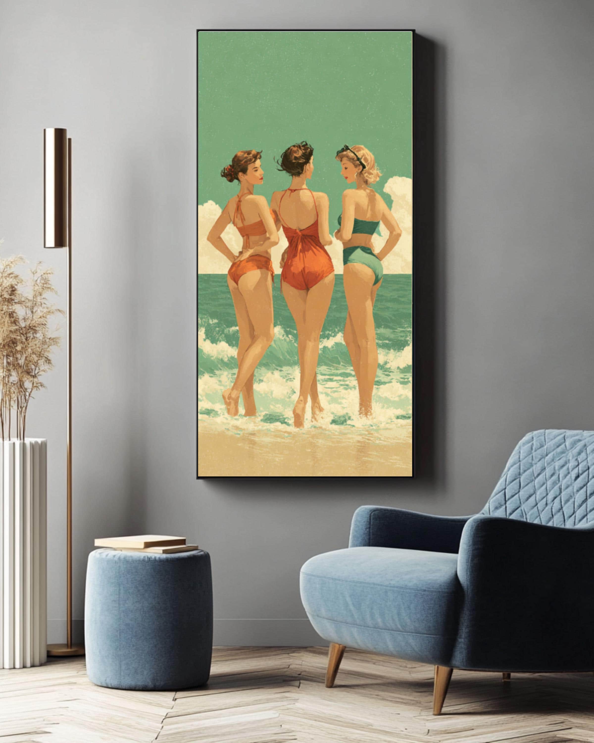 Retro Beach Print: Vintage Swimsuits, Green Sea Coastal Wall Art Canvas Wall Art – Modern Decor Print
