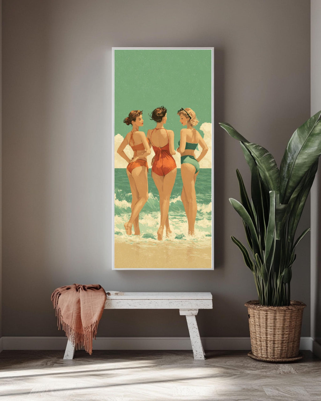 Retro Beach Print: Vintage Swimsuits, Green Sea Coastal Wall Art Canvas Wall Art – Modern Decor Print