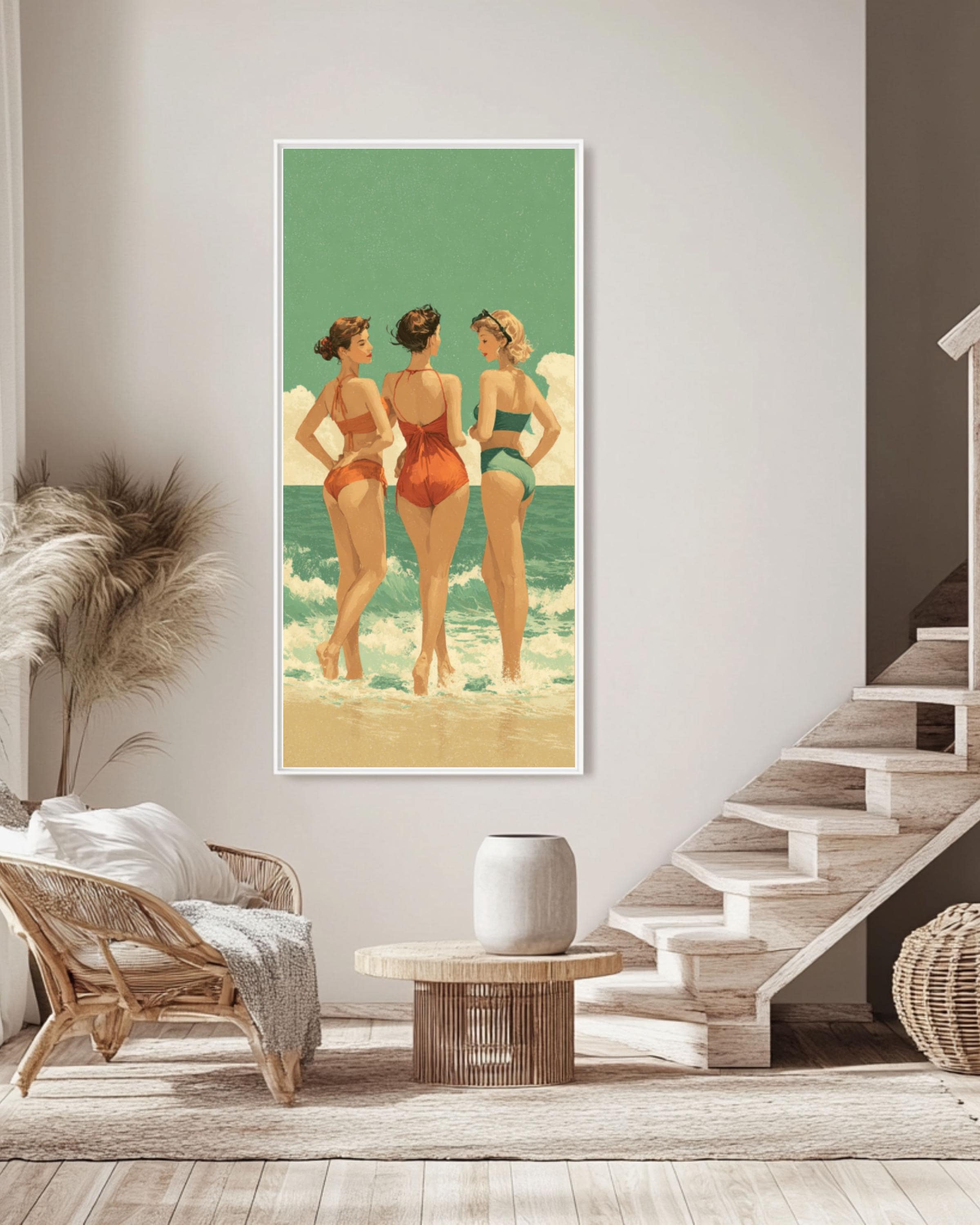 Retro Beach Print: Vintage Swimsuits, Green Sea Coastal Wall Art Canvas Wall Art – Modern Decor Print