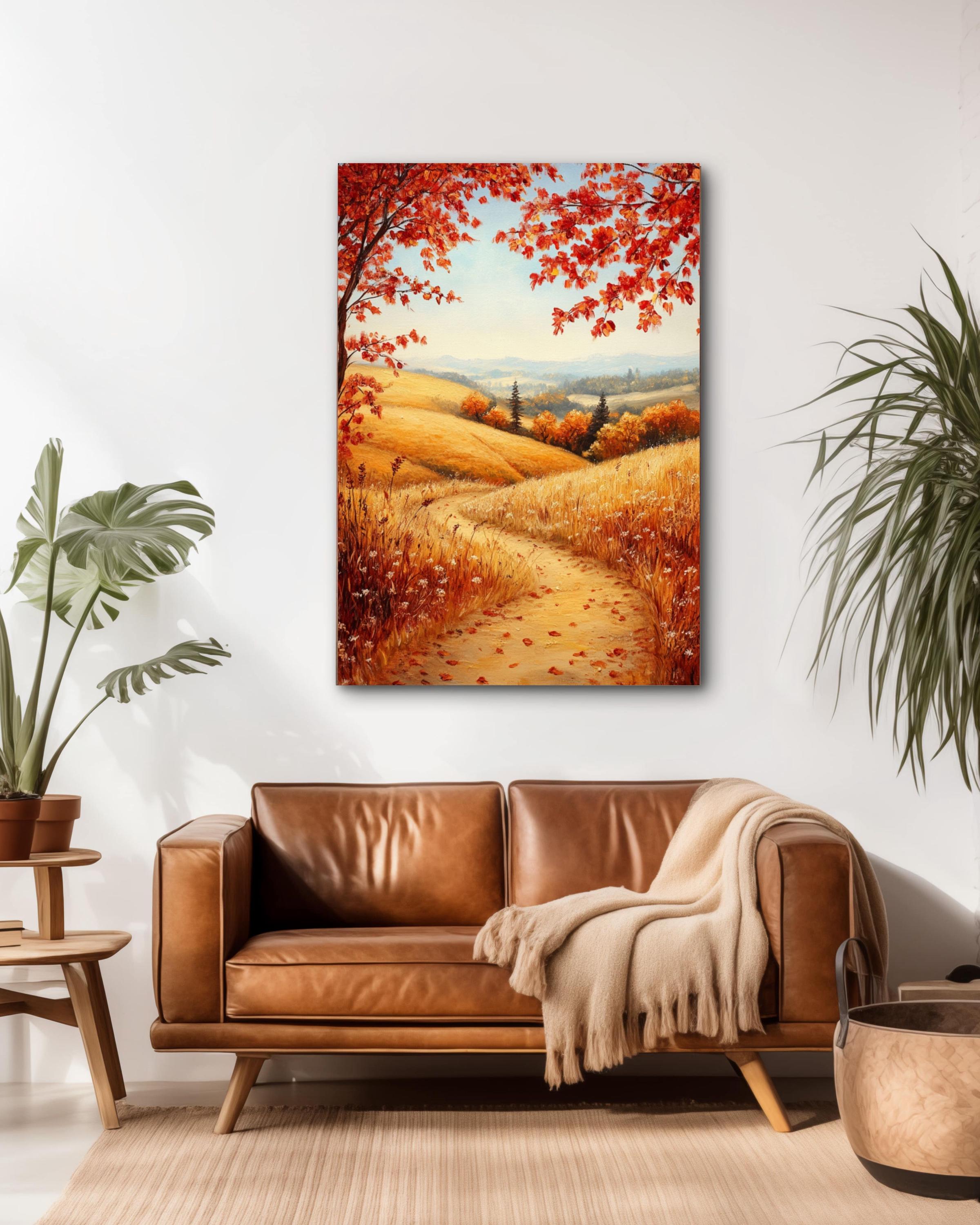 Vintage Autumn Landscape Print: Golden Hills & Wildflowers Canvas Wall Art Print – Premium Home Decor