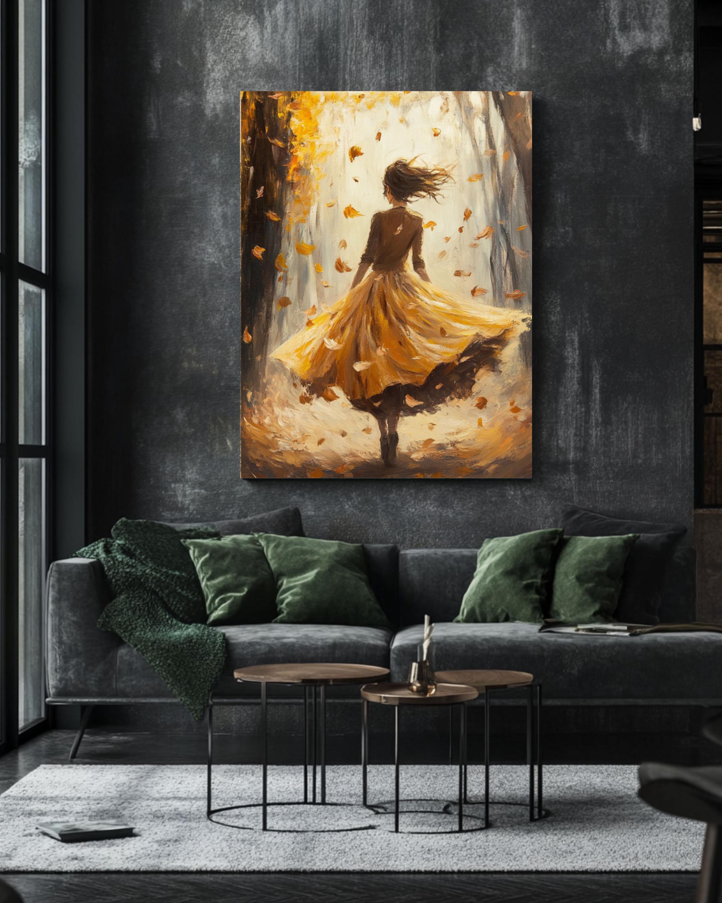 Autumn Fantasy Art Print: Girl in Yellow Dress, Oil Painting Style Canvas Wall Art Print – Premium Home Decor