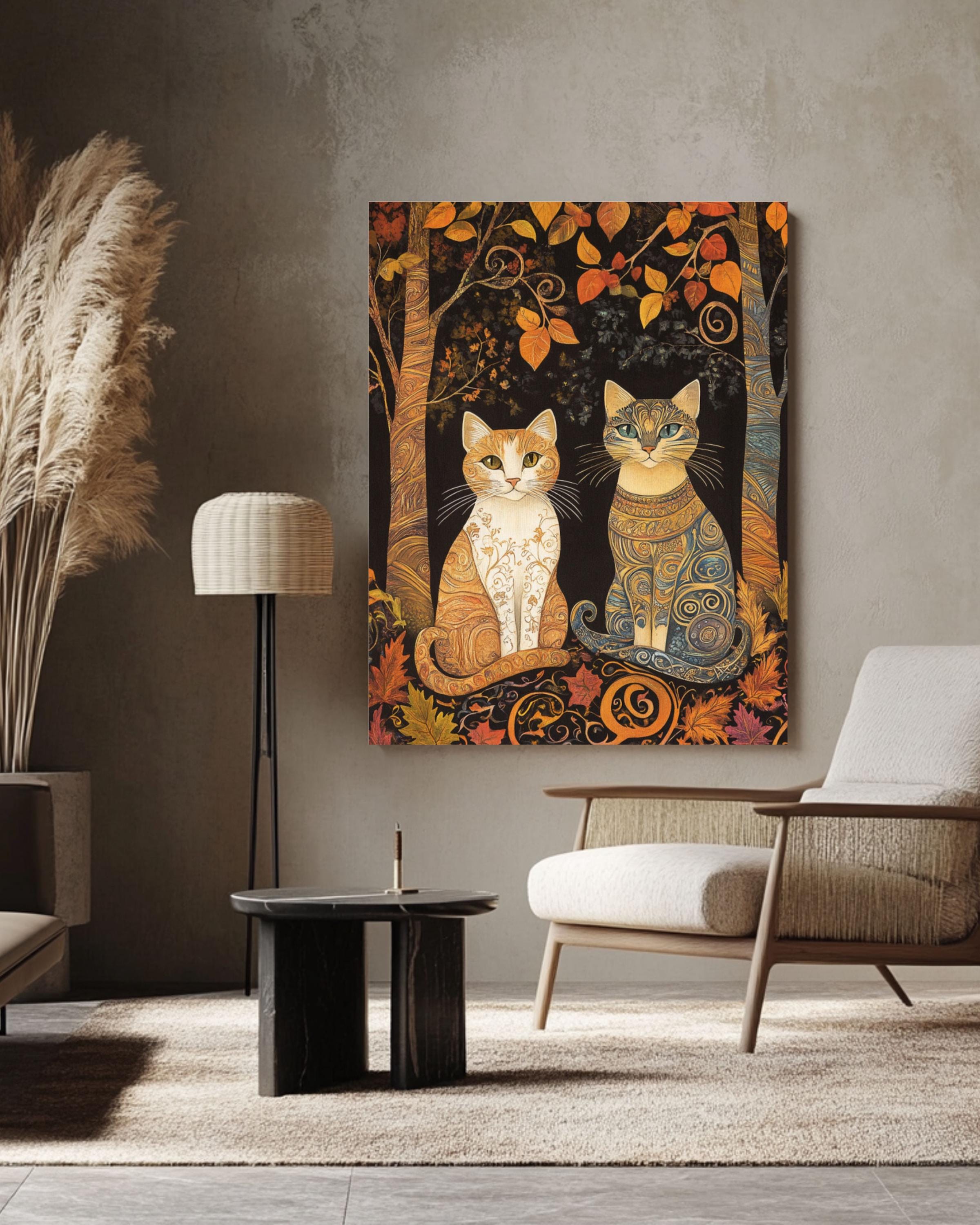 Autumn Cats Tapestry: Snake Scale Fur Design, Fall Forest Wall Art Canvas Wall Art Print – Premium Home Decor