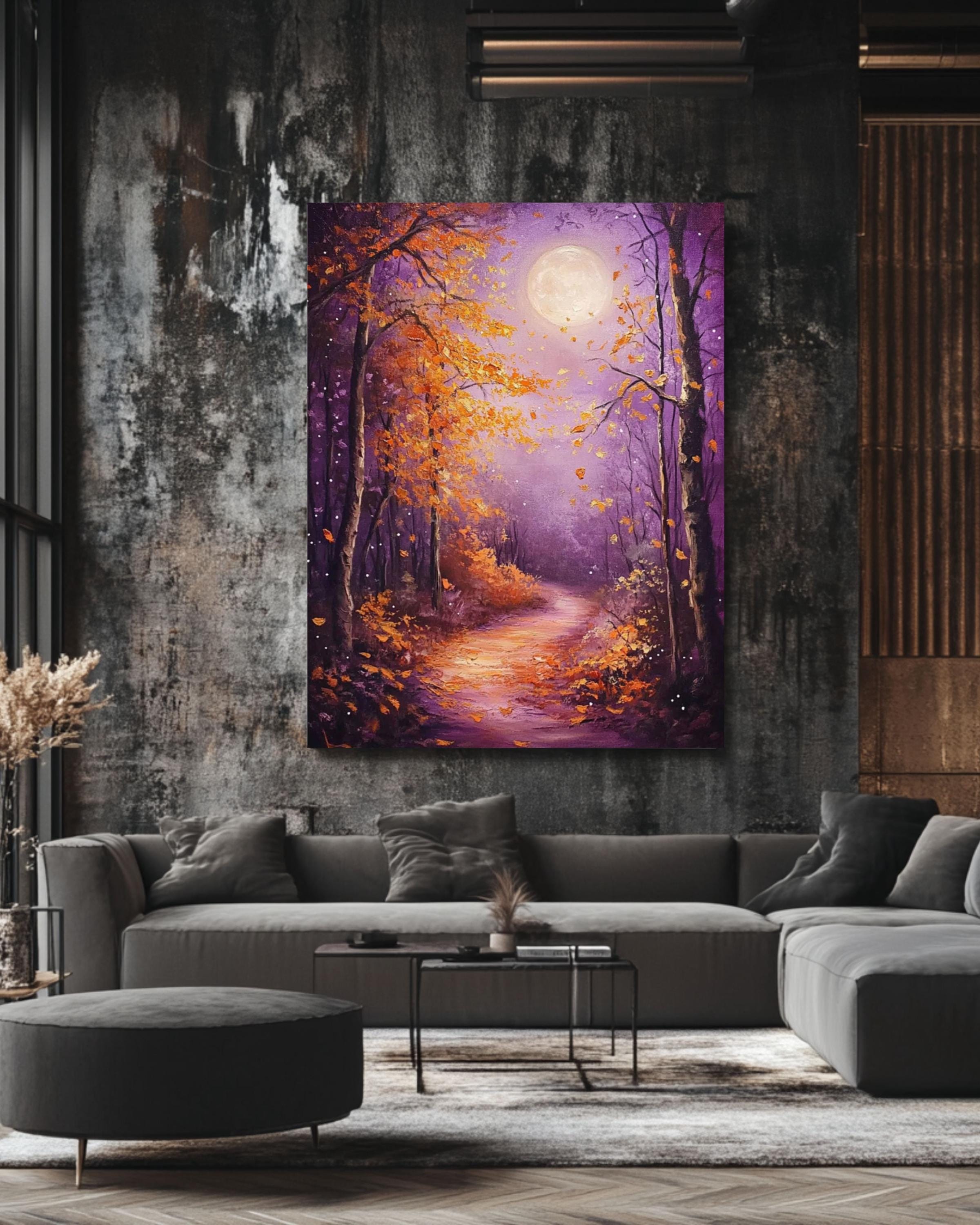 Moonlit Autumn Forest Painting: Fantasy Landscape Canvas Art Canvas Wall Art Print – Premium Home Decor