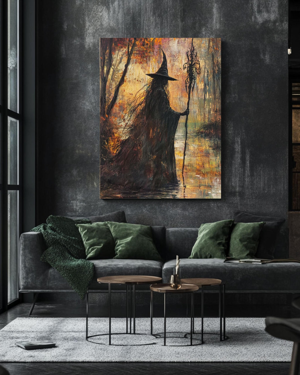 Autumn Witch River Art: Fantasy Magic Scene, Fall Decor Canvas Wall Art Print – Premium Home Decor