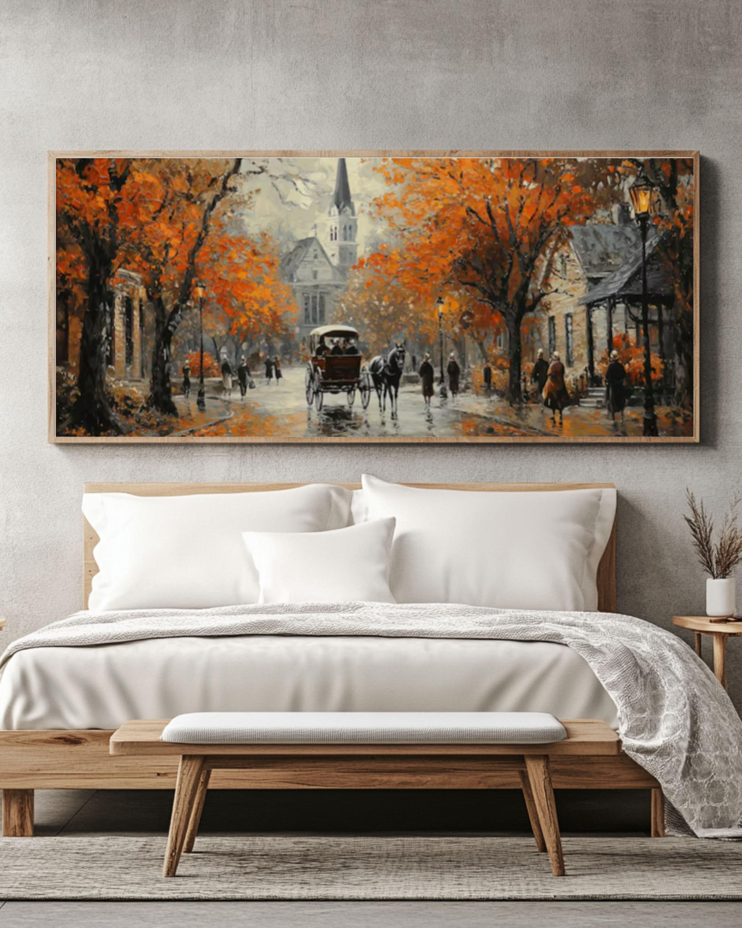 Vintage Autumn City Street Oil Painting: Horse Carriage & Church Canvas Wall Art Print – Premium Home Decor