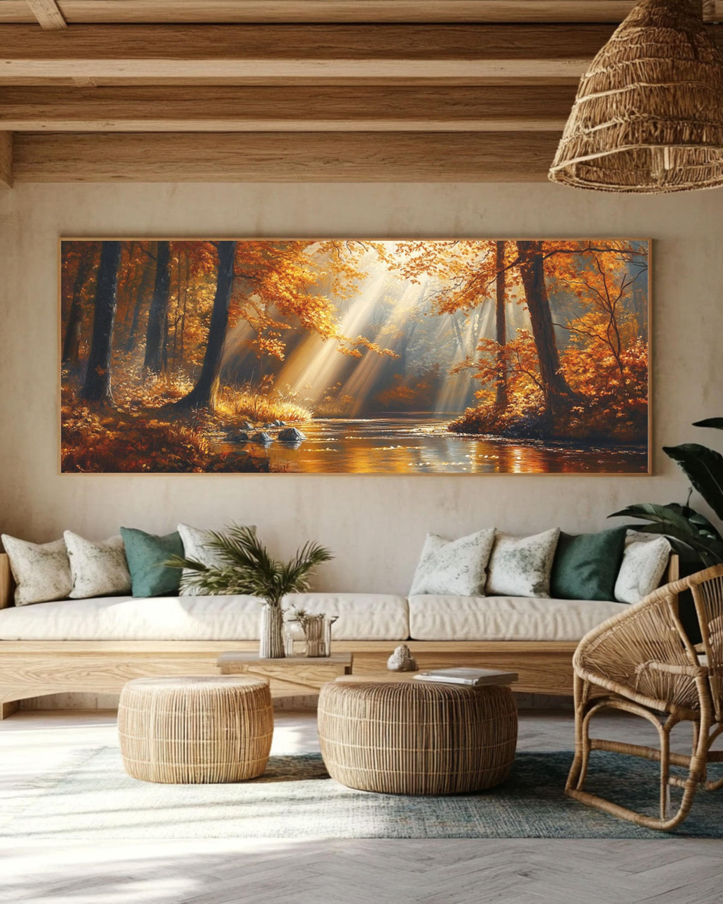 Golden Autumn Forest River Canvas Art: Cinematic Landscape Painting Canvas Wall Art Print – Premium Home Decor