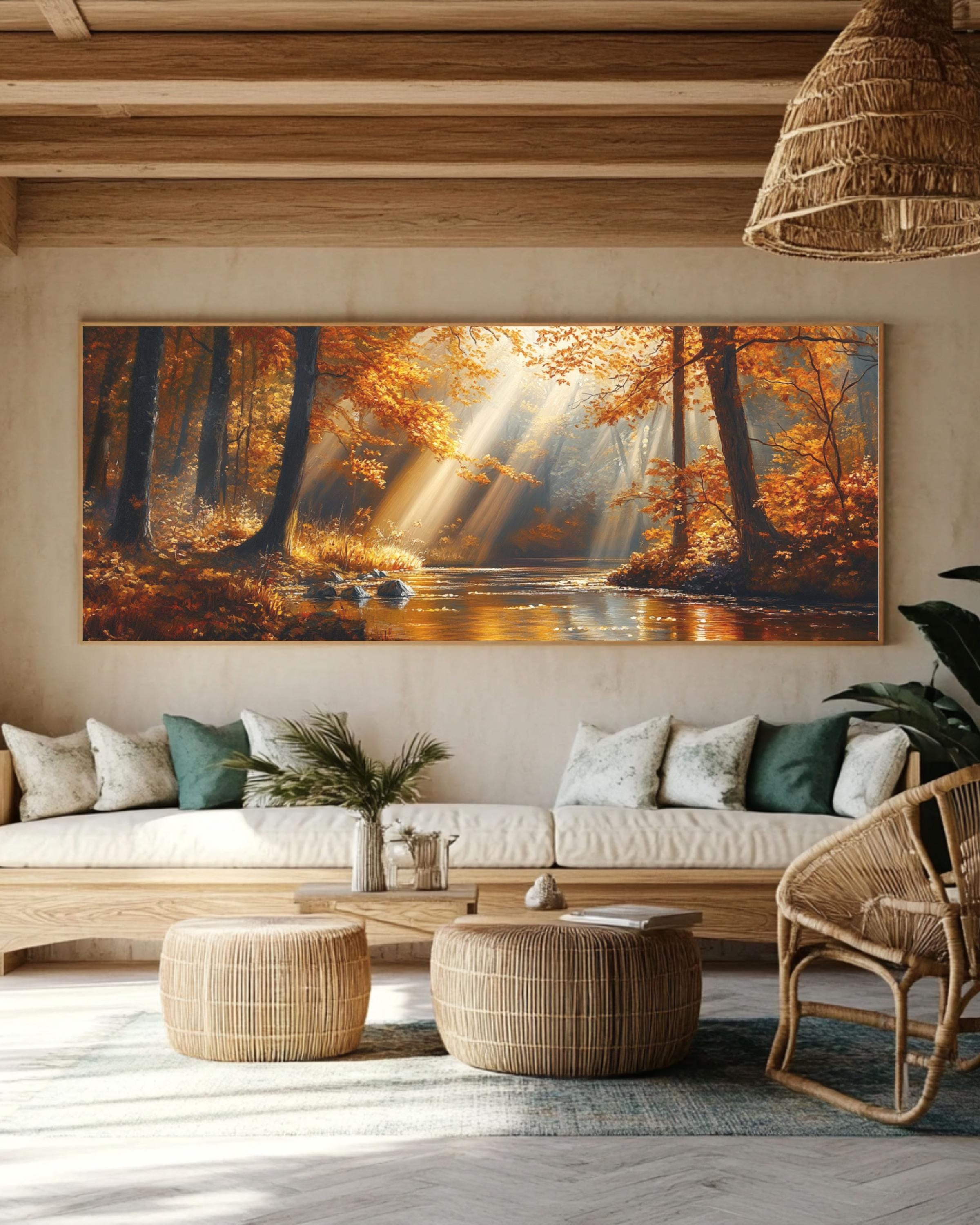 Golden Autumn Forest River Canvas Art: Cinematic Landscape Painting Canvas Wall Art Print – Premium Home Decor