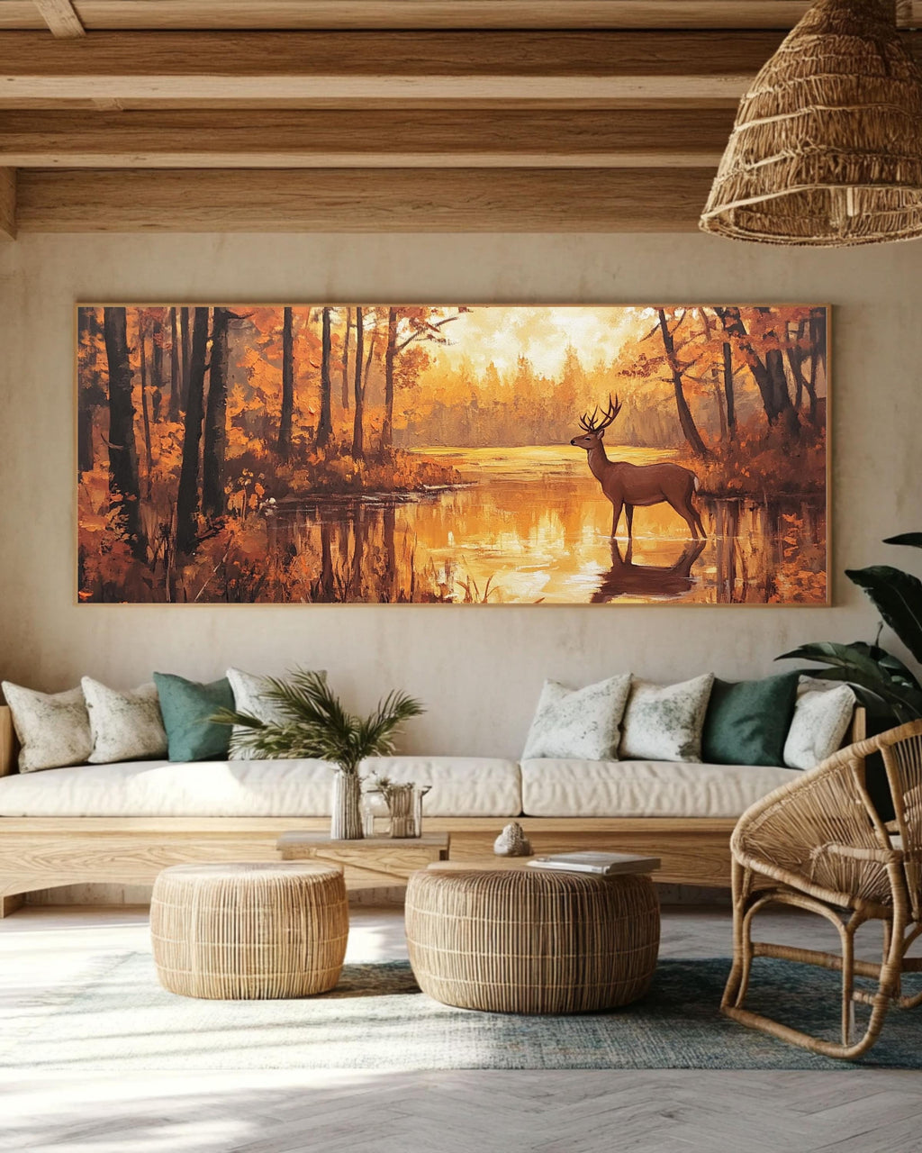 Autumn Deer Canvas Art: Rustic Forest Painting, Golden Hour Light Canvas Wall Art Print – Premium Home Decor
