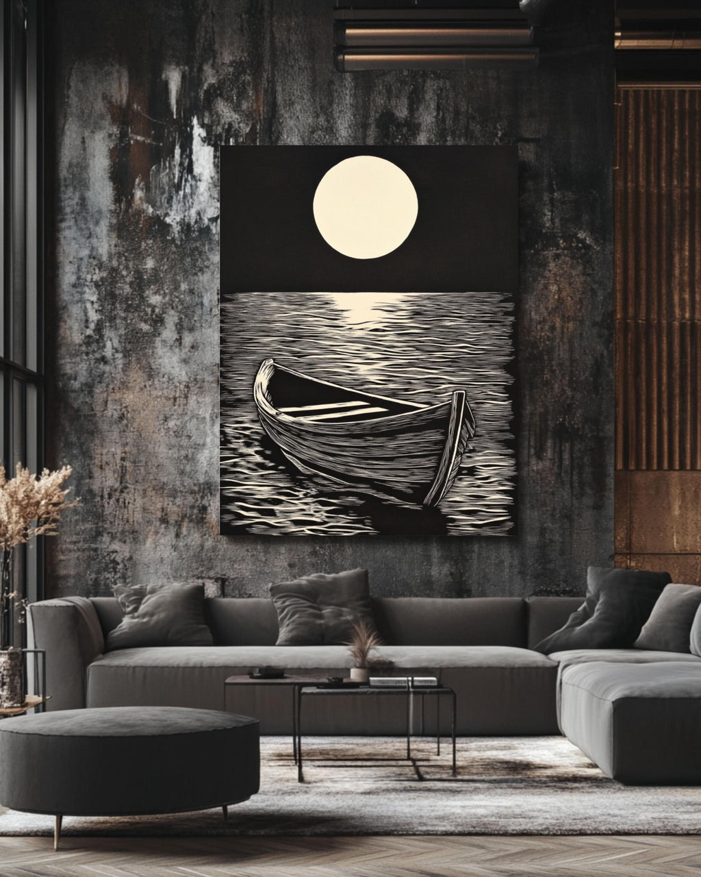 Linocut Boat Print: Vintage Nautical Seascape Art Canvas Wall Art – Modern Decor Print