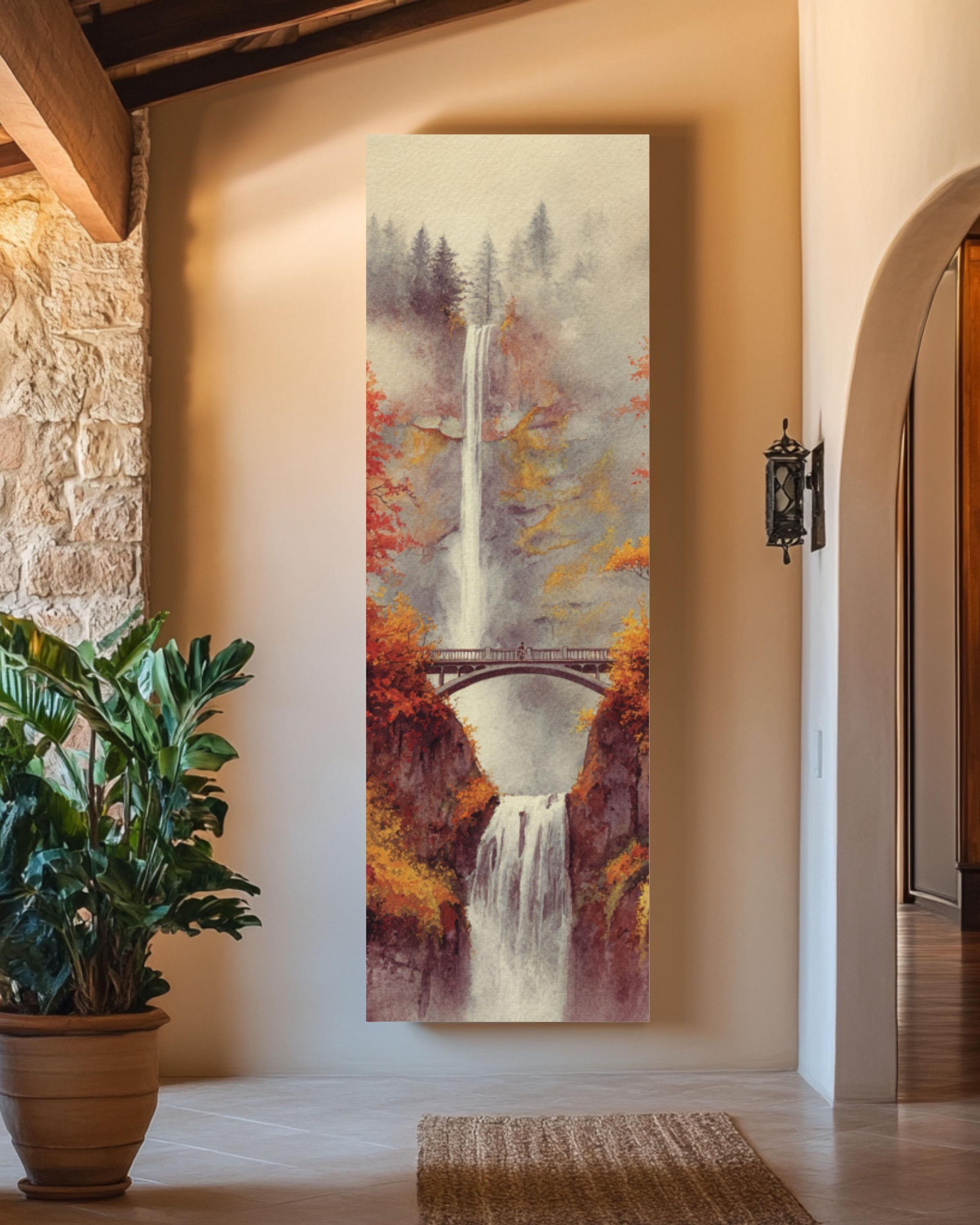 Multnomah Falls Autumn Watercolor Art Print: Oregon Landscape Wall Decor Canvas Wall Art – Modern Decor Print