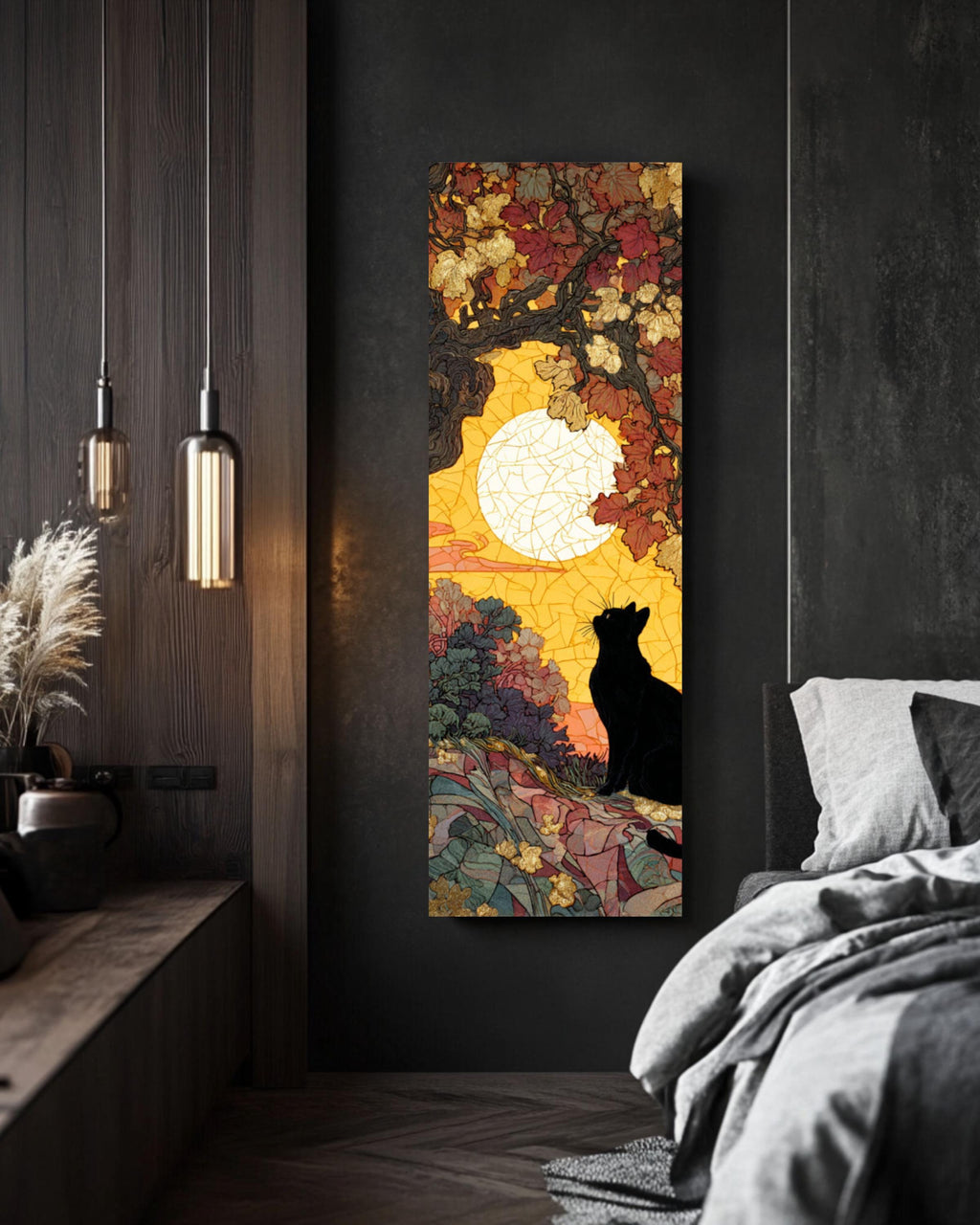 Black Cat Under Oak Tree Art Print: Mosaic Sunset, Gold Leaf Accents Canvas Wall Art – Modern Decor Print