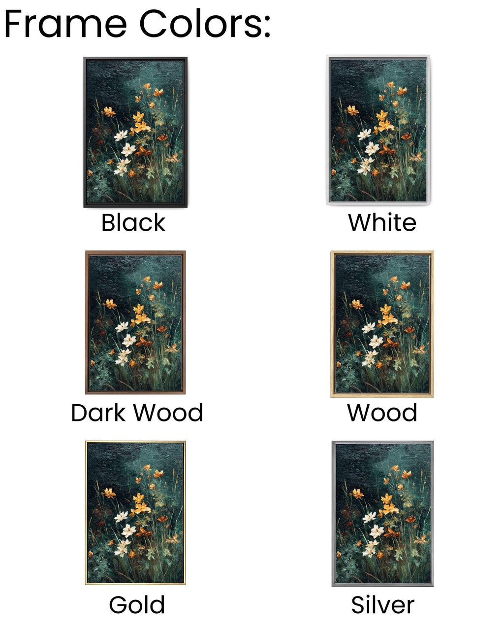 Vintage Wildflower Oil Painting Print: Moody Dark Green Floral Art Canvas Wall Art – Modern Decor Print