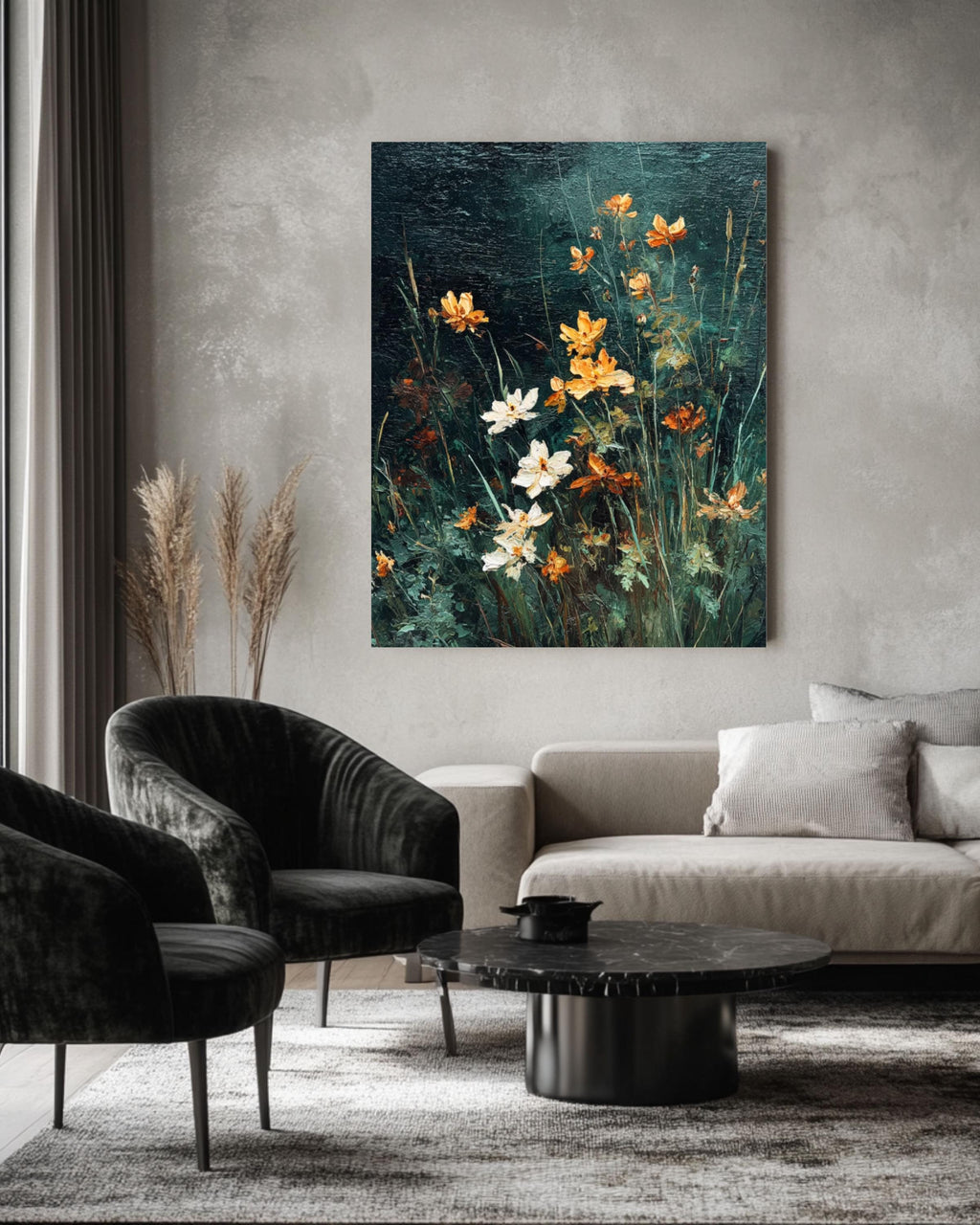 Vintage Wildflower Oil Painting Print: Moody Dark Green Floral Art Canvas Wall Art – Modern Decor Print
