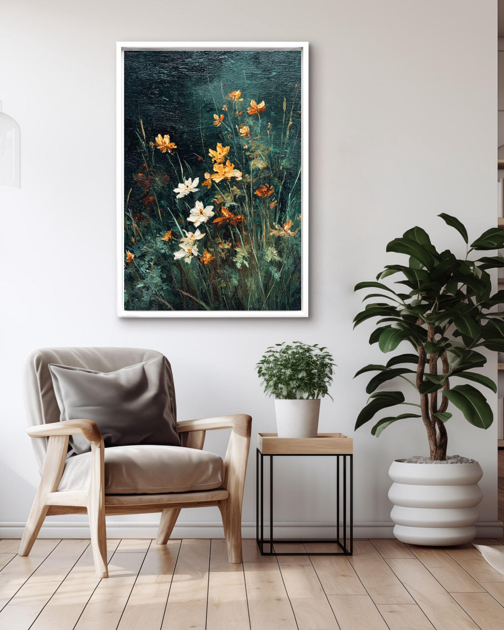 Vintage Wildflower Oil Painting Print: Moody Dark Green Floral Art Canvas Wall Art – Modern Decor Print