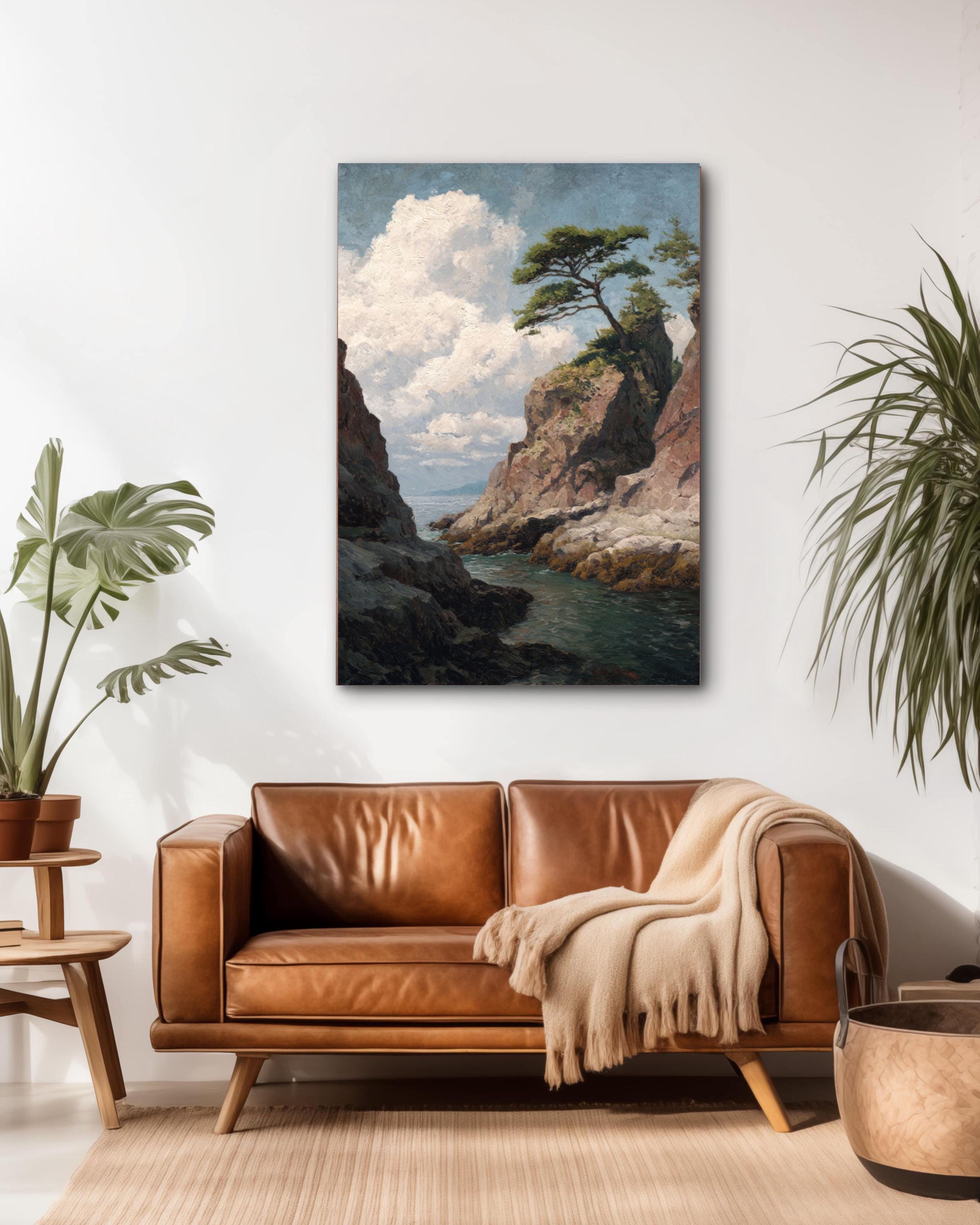 Lone Pine Tree Coastal Print: Muted Landscape Art, Henry John Bemis Style Canvas Wall Art – Modern Decor Print