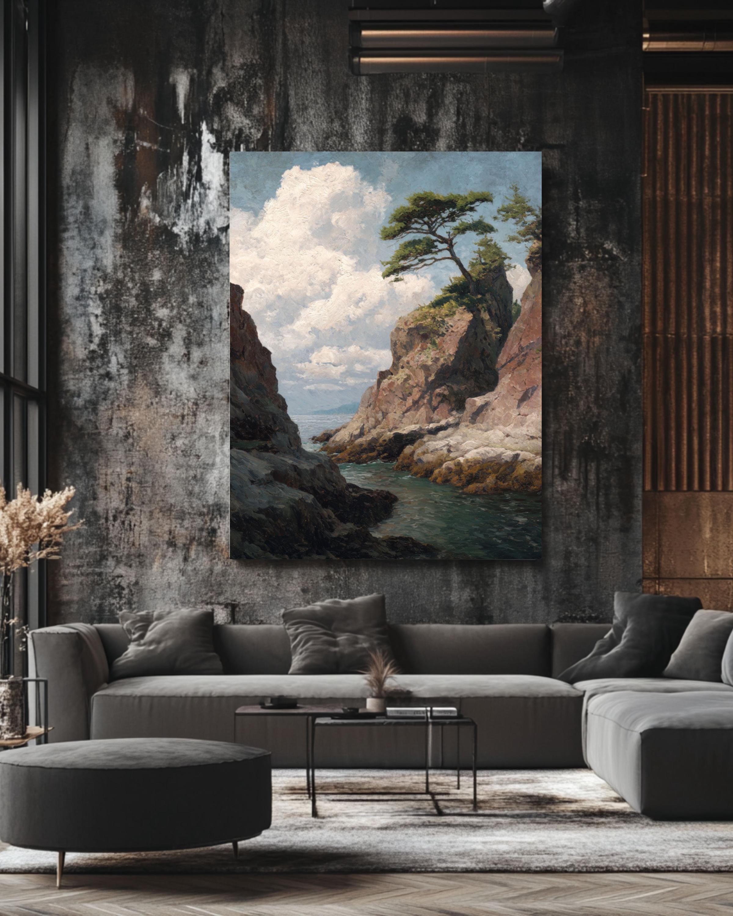 Lone Pine Tree Coastal Print: Muted Landscape Art, Henry John Bemis Style Canvas Wall Art – Modern Decor Print