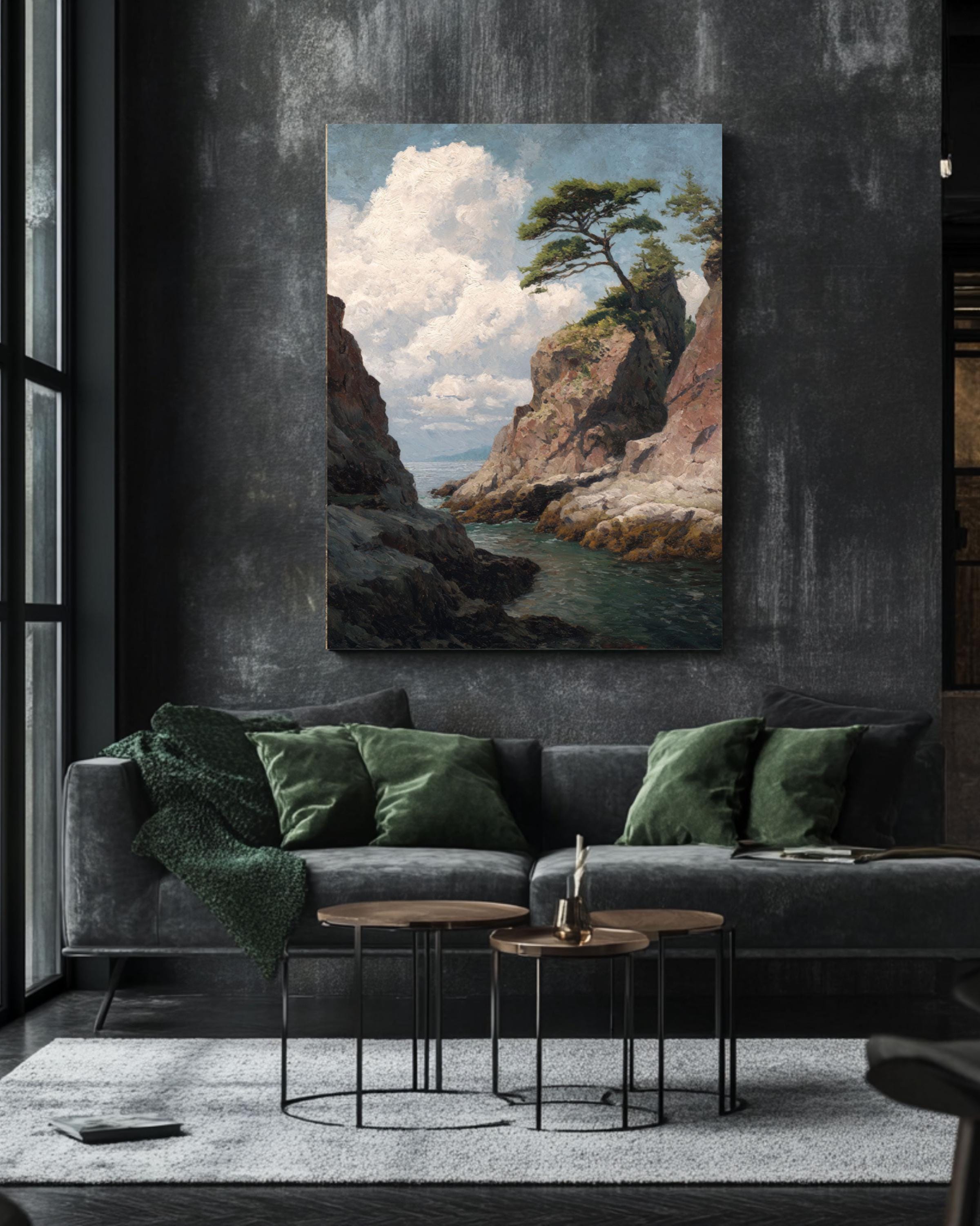 Lone Pine Tree Coastal Print: Muted Landscape Art, Henry John Bemis Style Canvas Wall Art – Modern Decor Print