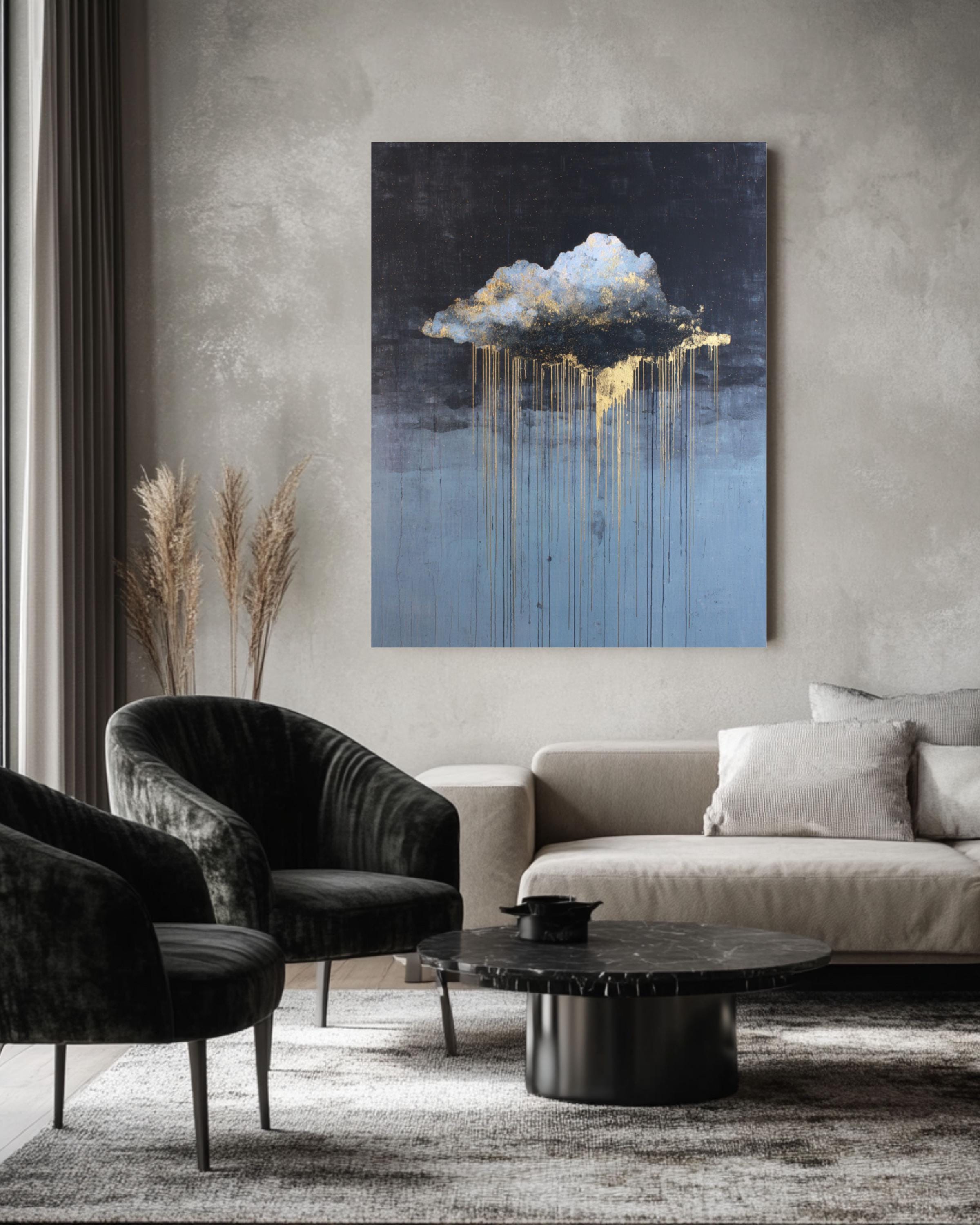 Abstract Cloud Drip Art Print: White & Gold on Dark Sky Canvas Wall Art – Modern Decor Print