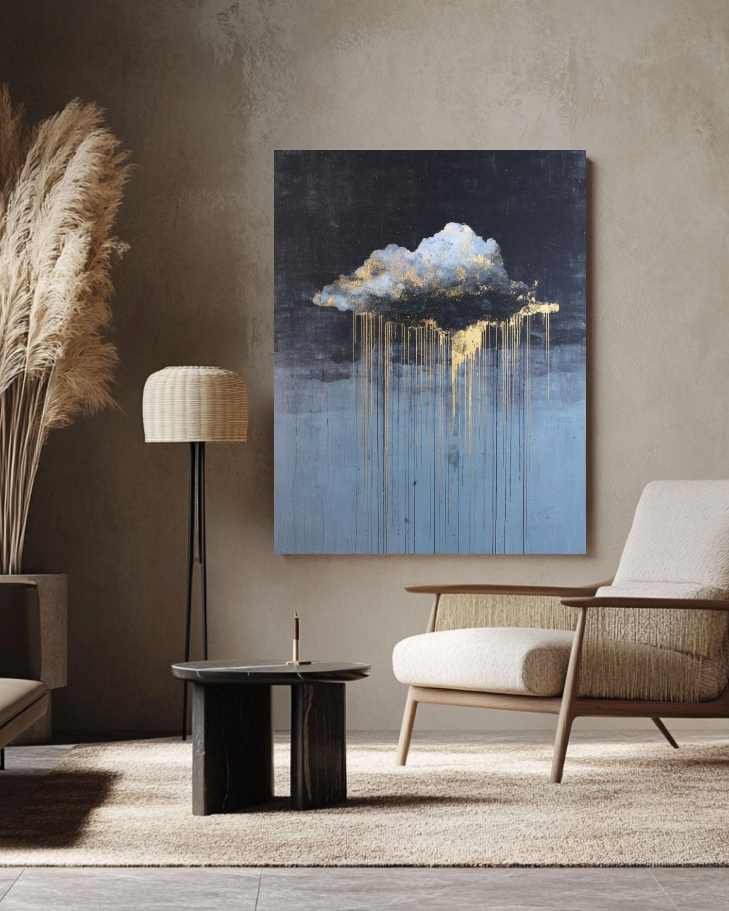 Abstract Cloud Drip Art Print: White & Gold on Dark Sky Canvas Wall Art – Modern Decor Print