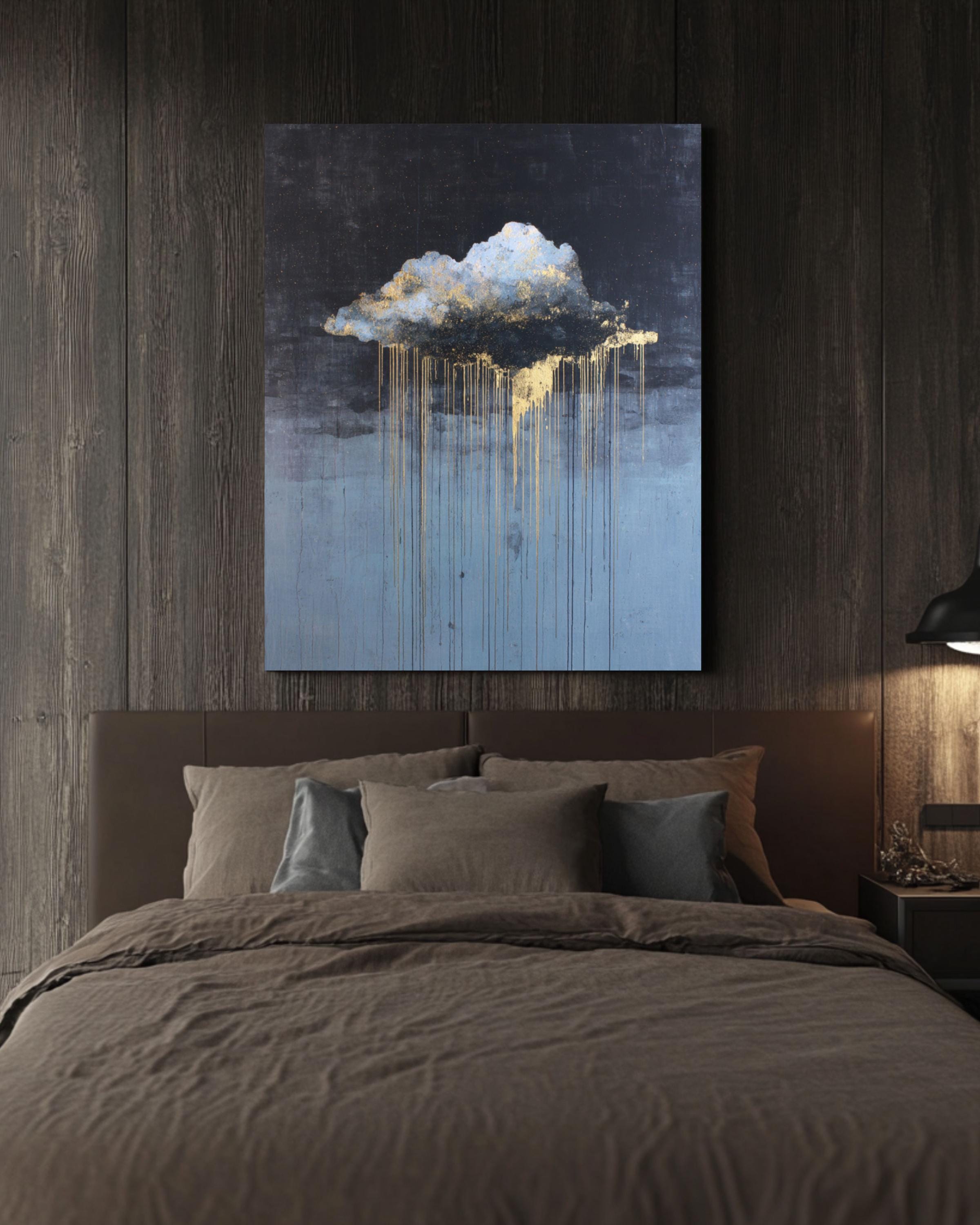 Abstract Cloud Drip Art Print: White & Gold on Dark Sky Canvas Wall Art – Modern Decor Print