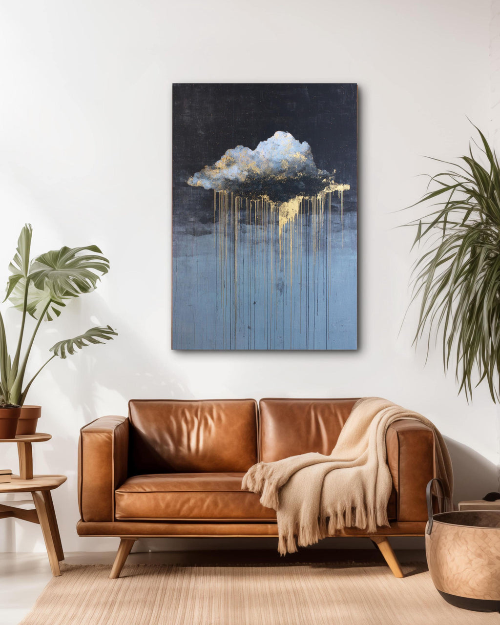 Abstract Cloud Drip Art Print: White & Gold on Dark Sky Canvas Wall Art – Modern Decor Print