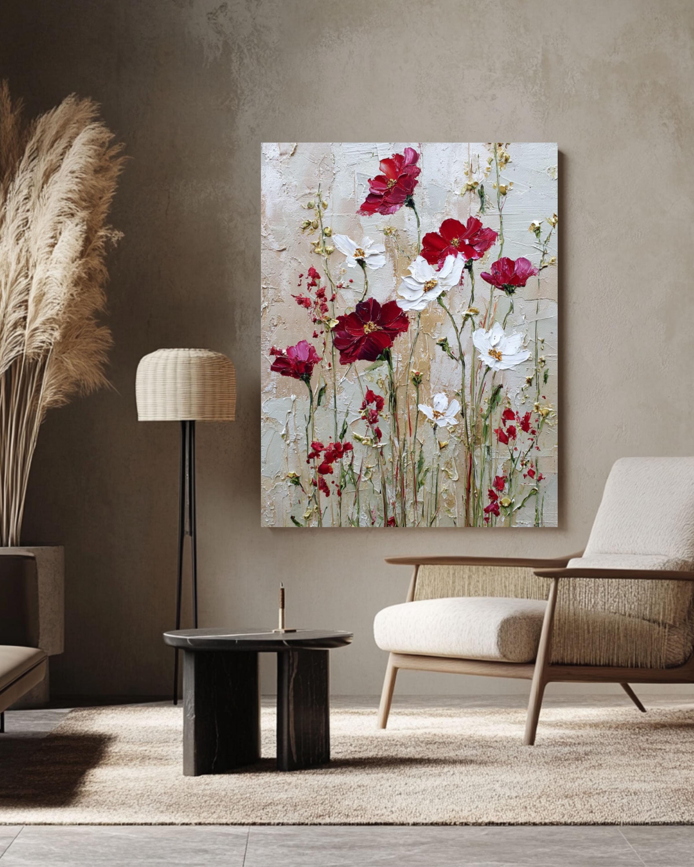 Abstract Wildflower Canvas Art: Beige, Red & White Floral Print Canvas Wall Art – Modern Decor Print
