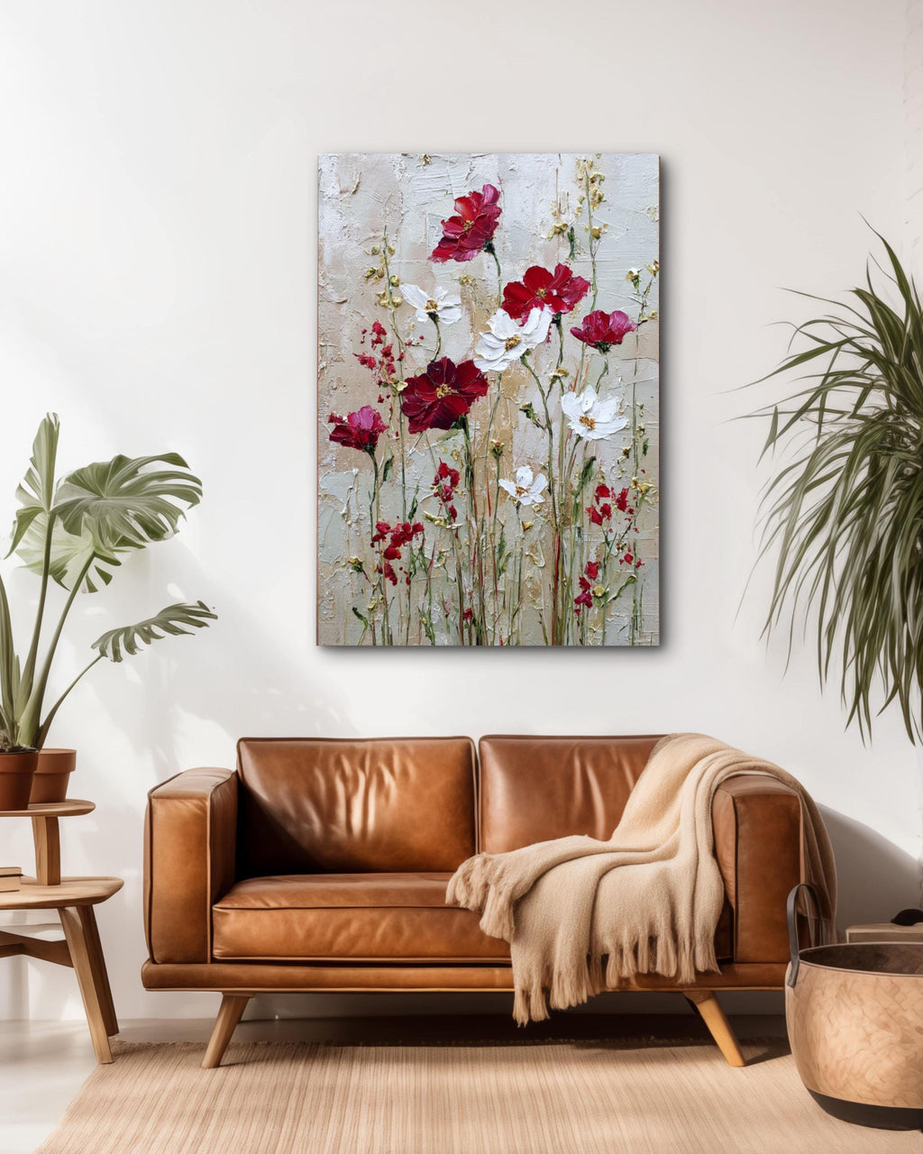 Abstract Wildflower Canvas Art: Beige, Red & White Floral Print Canvas Wall Art – Modern Decor Print