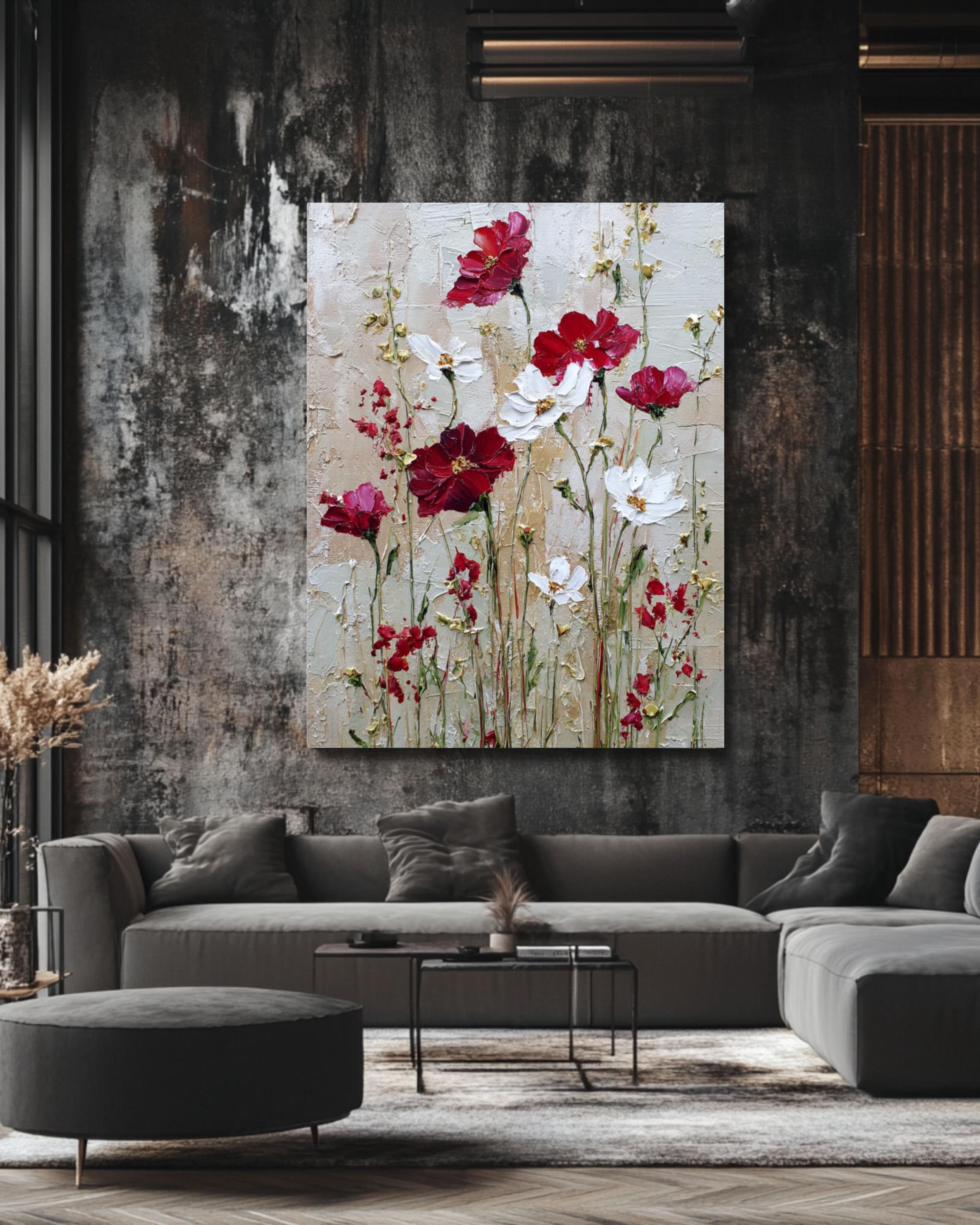 Abstract Wildflower Canvas Art: Beige, Red & White Floral Print Canvas Wall Art – Modern Decor Print