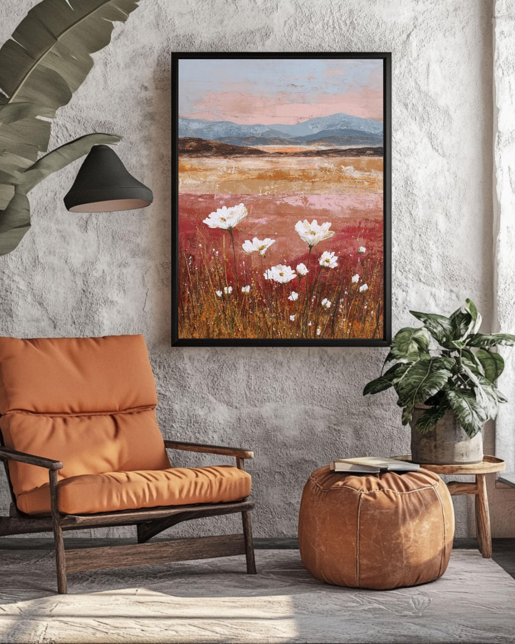 Abstract Wildflower Sunset Art Print: Textured Mixed Media Landscape Canvas Wall Art – Modern Decor Print