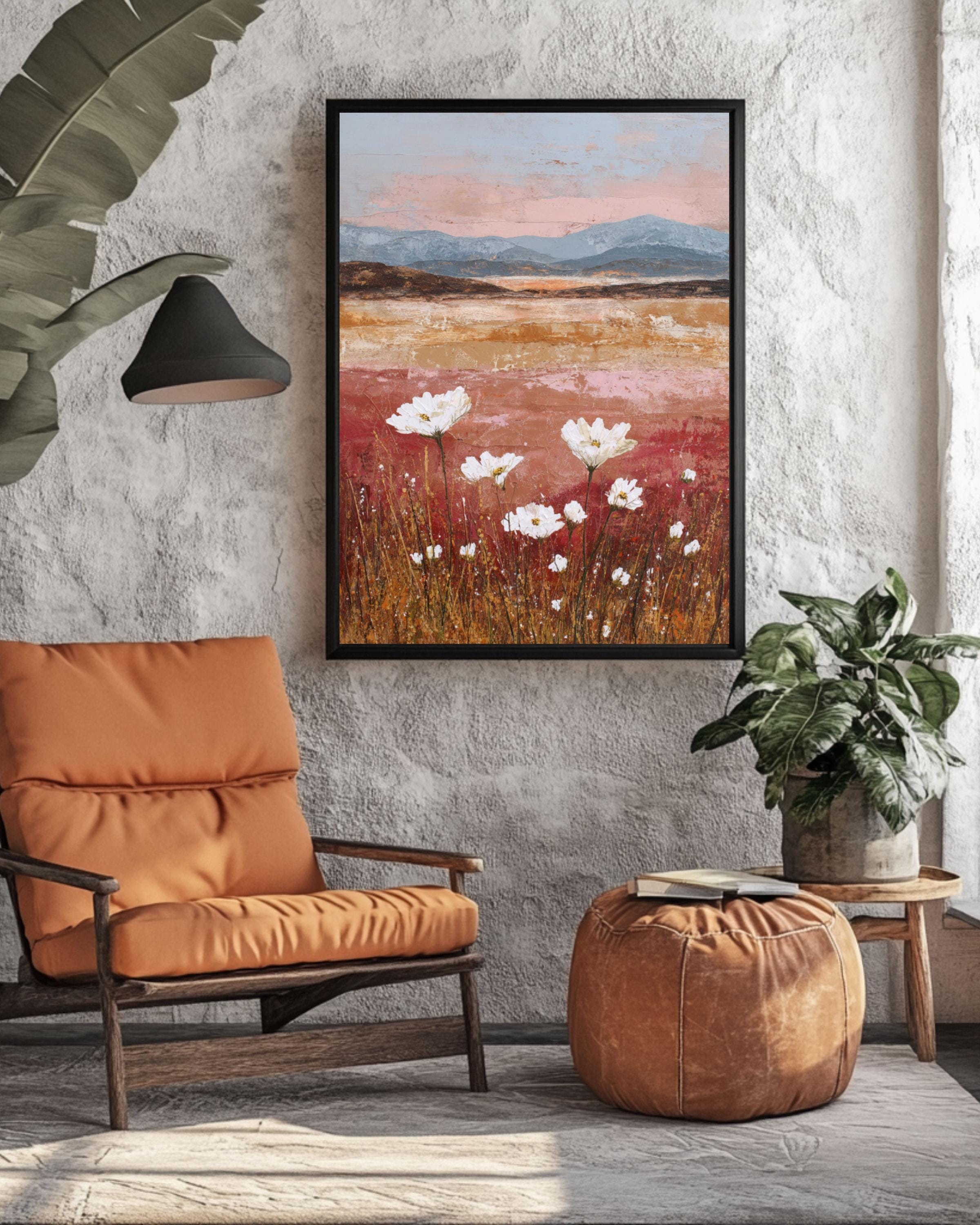 Abstract Wildflower Sunset Art Print: Textured Mixed Media Landscape Canvas Wall Art – Modern Decor Print