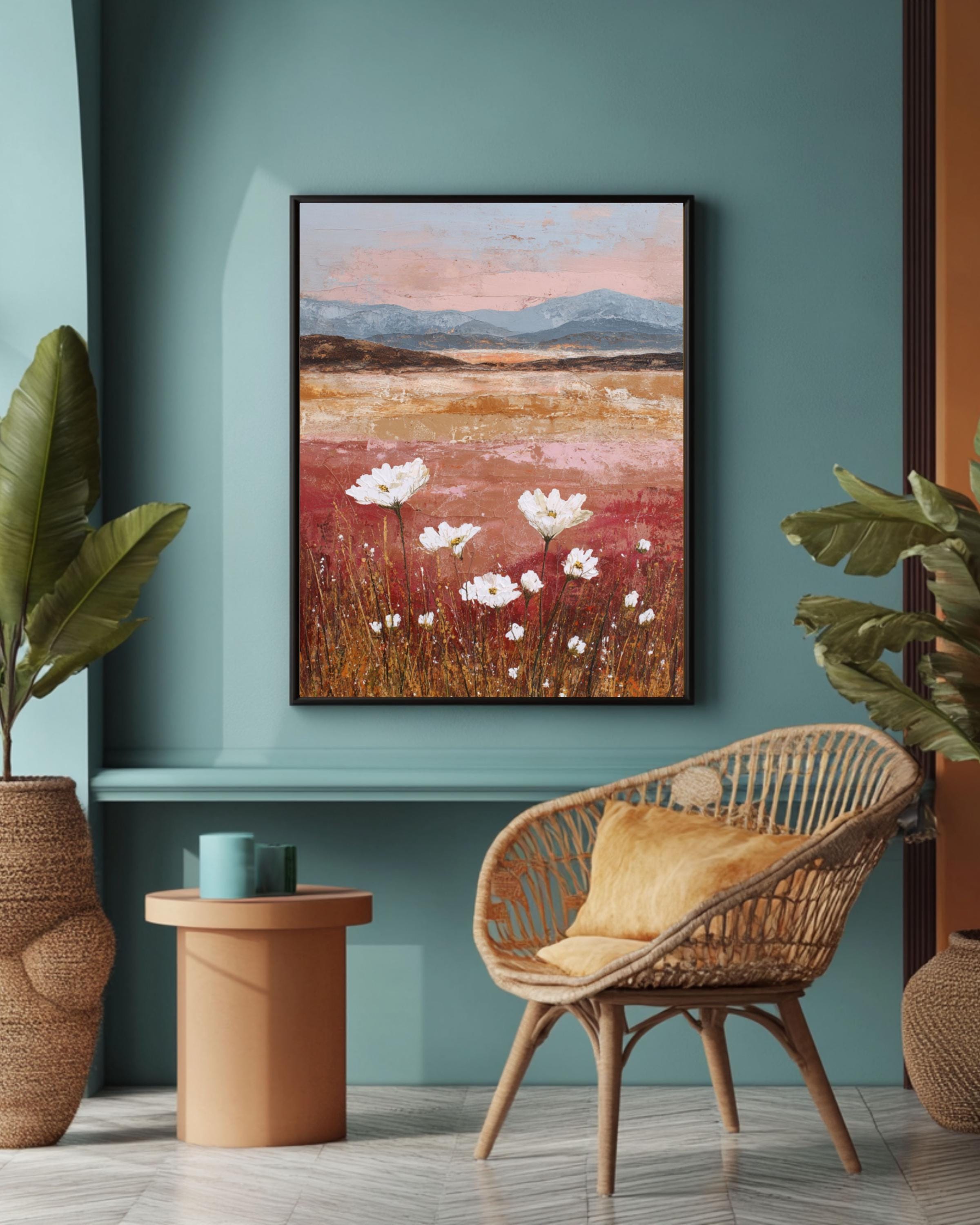 Abstract Wildflower Sunset Art Print: Textured Mixed Media Landscape Canvas Wall Art – Modern Decor Print