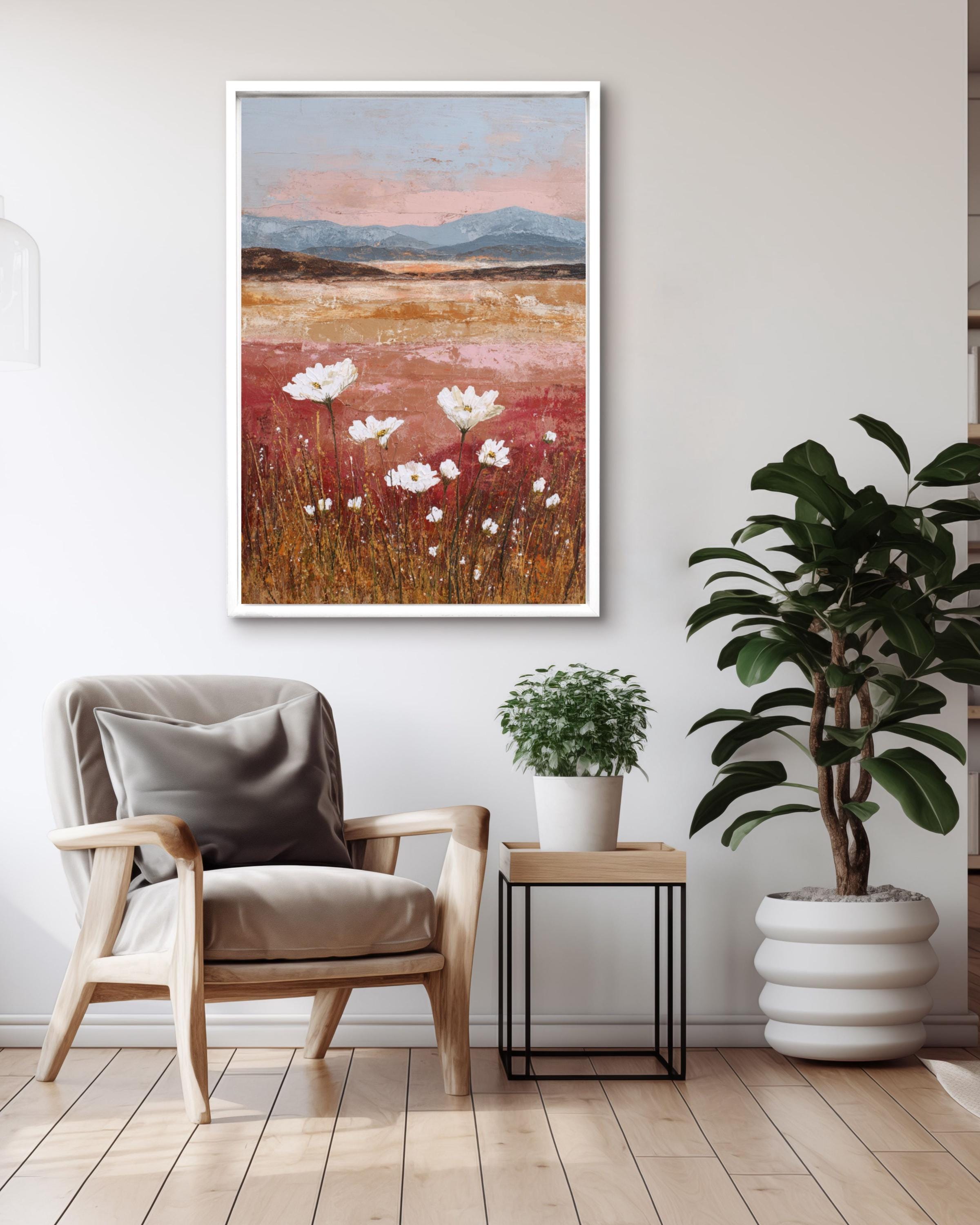 Abstract Wildflower Sunset Art Print: Textured Mixed Media Landscape Canvas Wall Art – Modern Decor Print