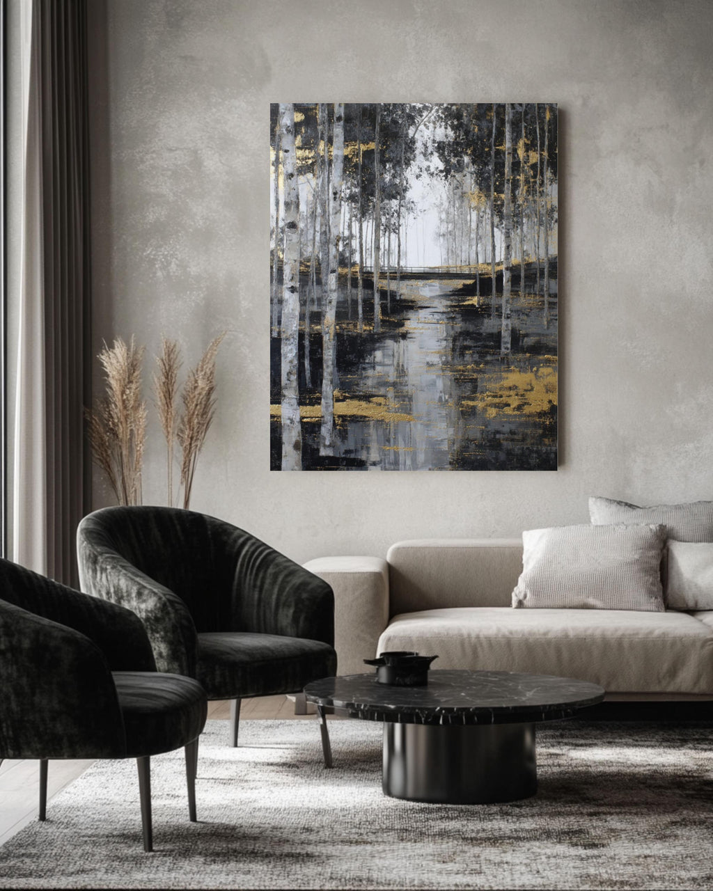 Abstract Birch Tree Forest Art: Gold Accent Landscape Print Canvas Wall Art – Modern Decor Print